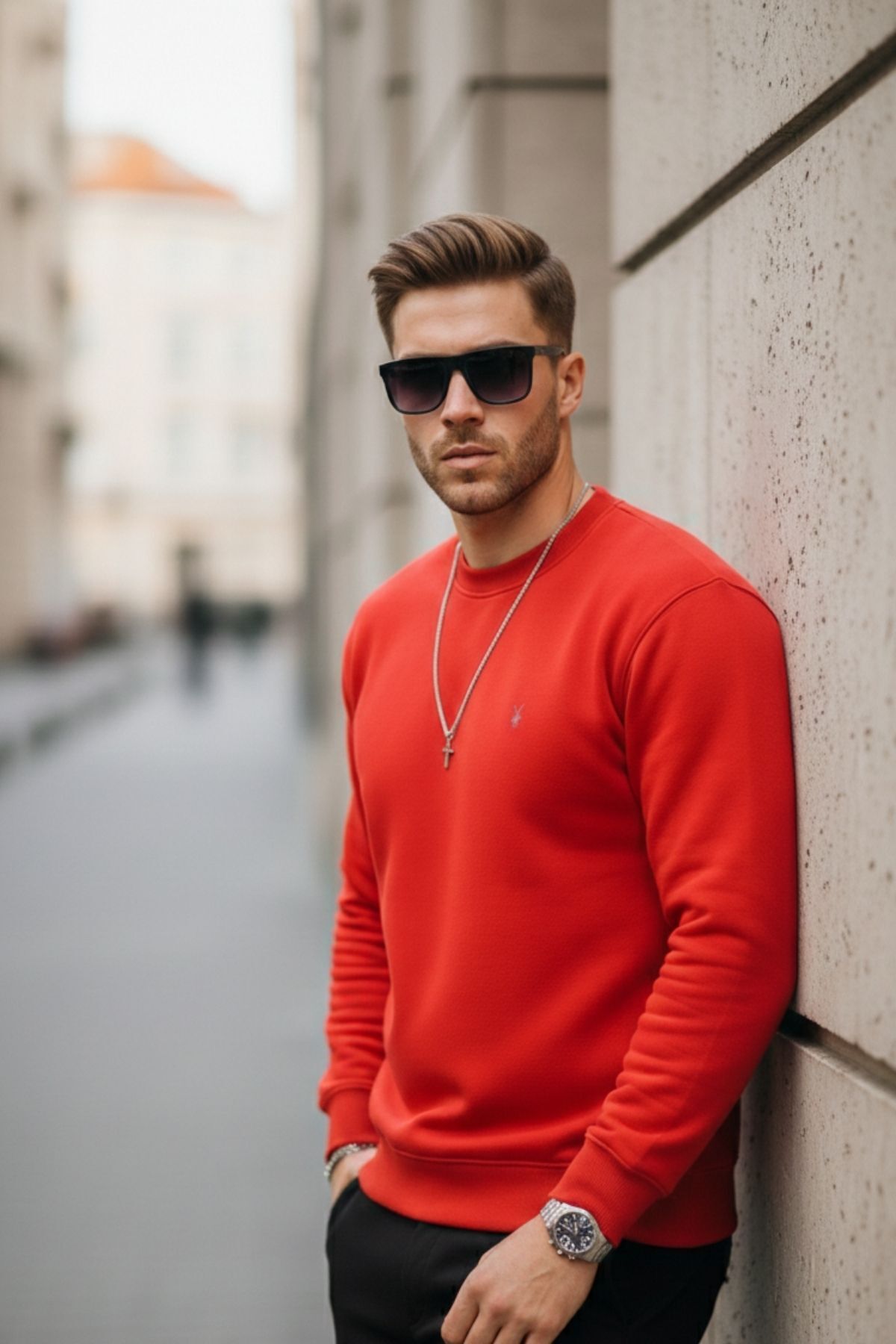 KIRMIZI Renk Erkek Bisiklet Yaka Sweatshirt 6