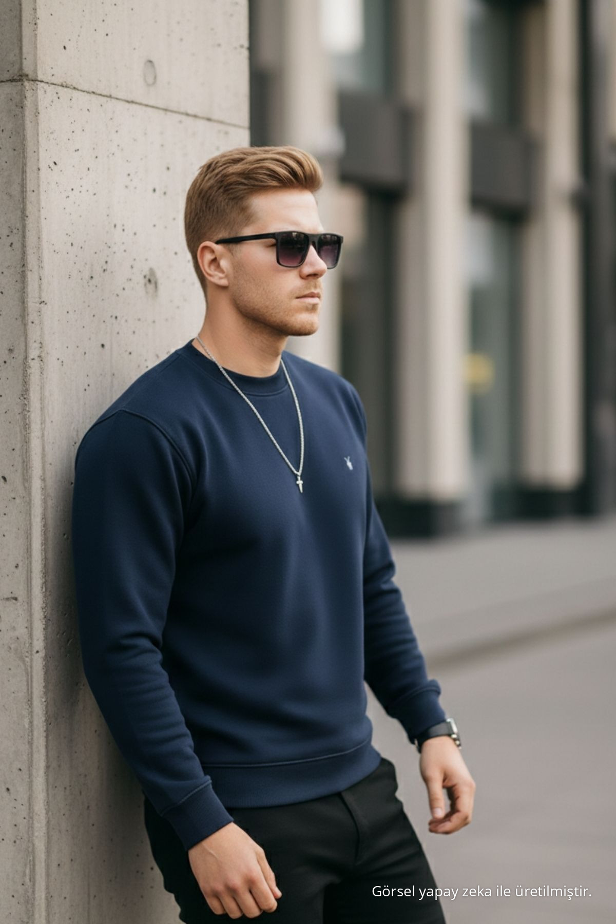 LACİVERT Renk Basic Bisiklet Yaka Relaxed Regular Erkek Sweatshirt 5