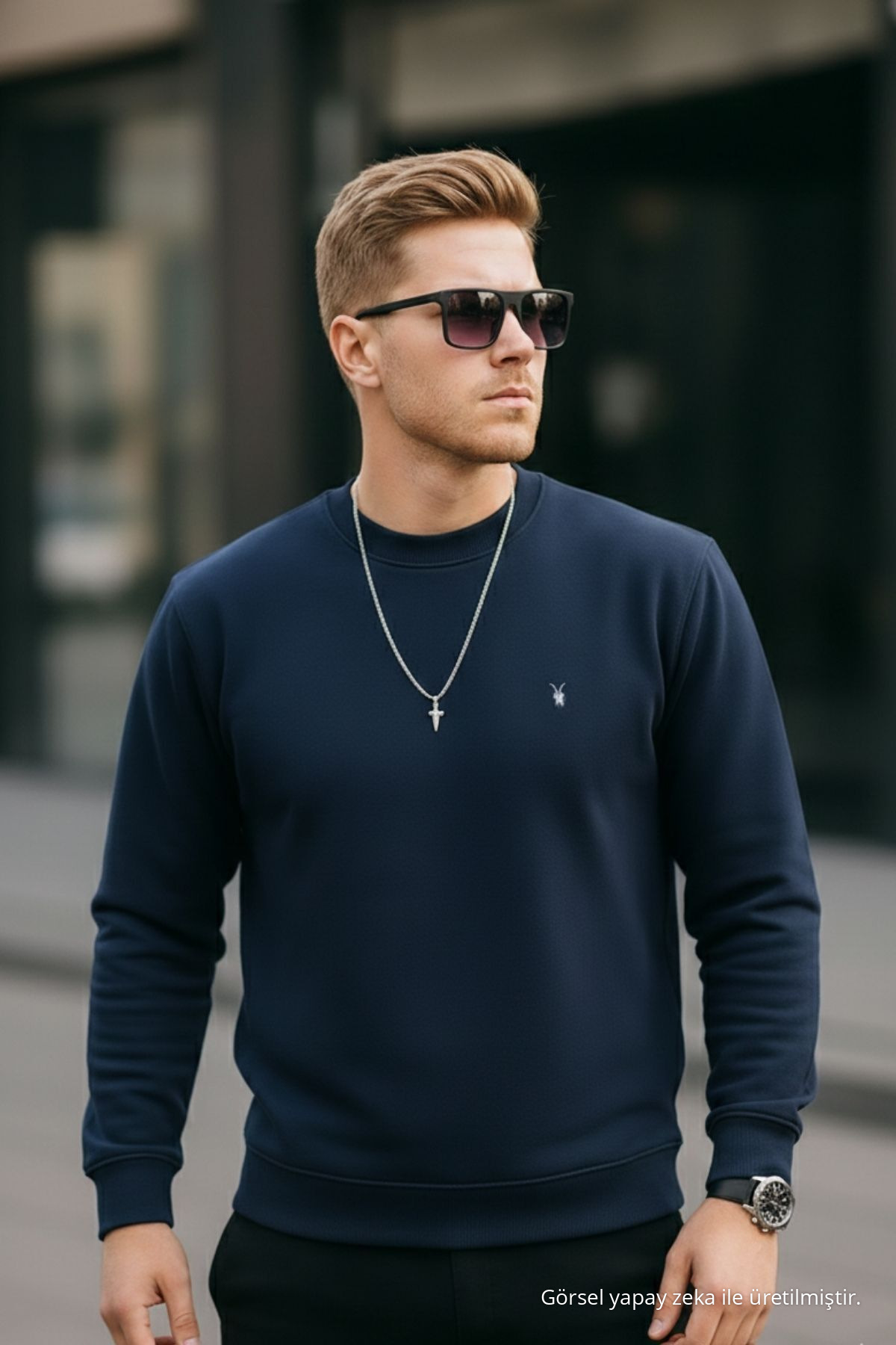 LACİVERT Renk Basic Bisiklet Yaka Relaxed Regular Erkek Sweatshirt 4