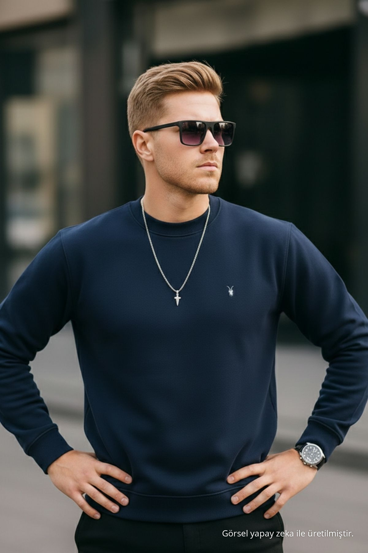LACİVERT Renk Basic Bisiklet Yaka Relaxed Regular Erkek Sweatshirt 3
