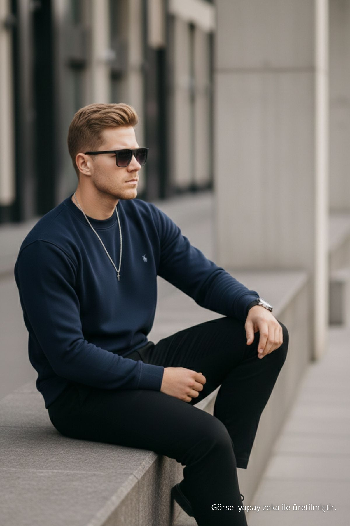 LACİVERT Renk Basic Bisiklet Yaka Relaxed Regular Erkek Sweatshirt 6