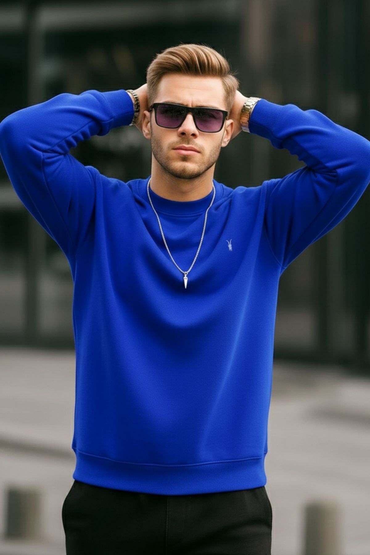 Mavi Renk Basic Bisiklet Yaka Relaxed Regular Erkek Sweatshirt - MAVİ 3