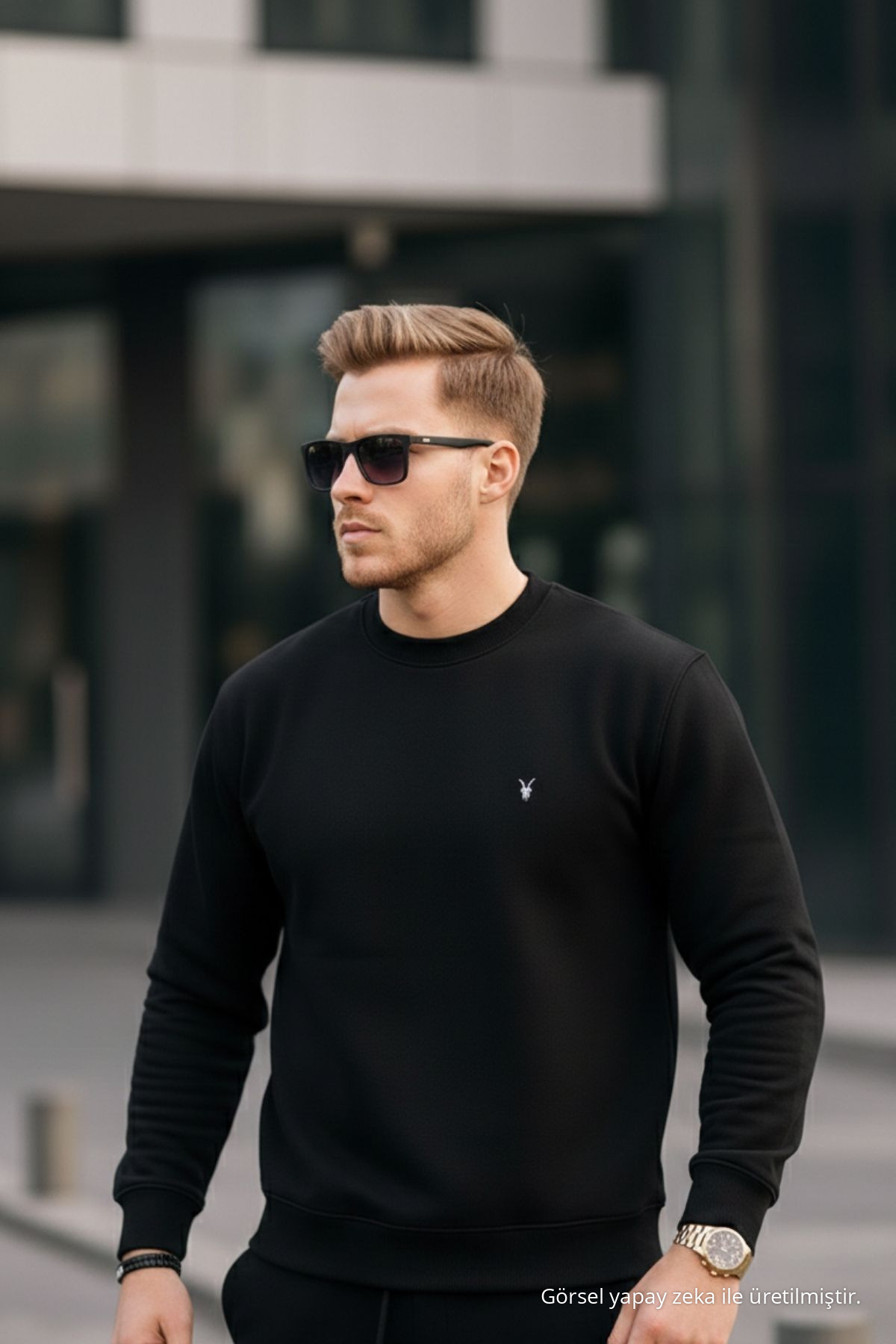 SİYAH Renk Basic Bisiklet Yaka Relaxed Regular Erkek Sweatshirt 4