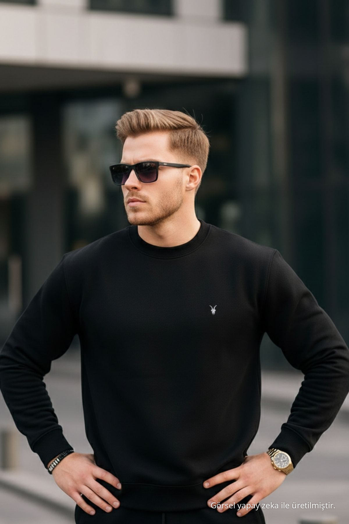 SİYAH Renk Basic Bisiklet Yaka Relaxed Regular Erkek Sweatshirt 3