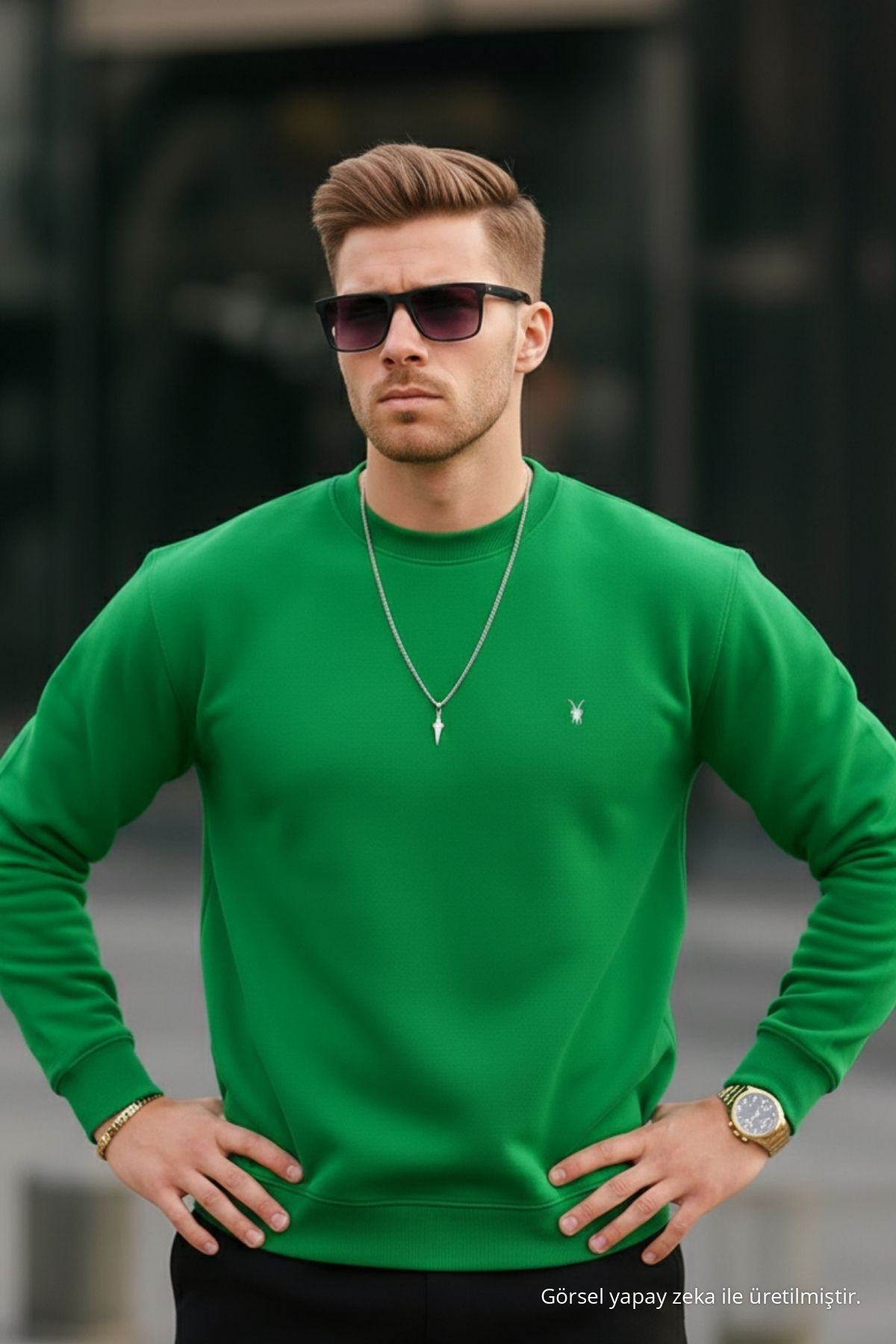 YEŞİL Renk Basic Bisiklet Yaka Relaxed Regular Erkek Sweatshirt 3