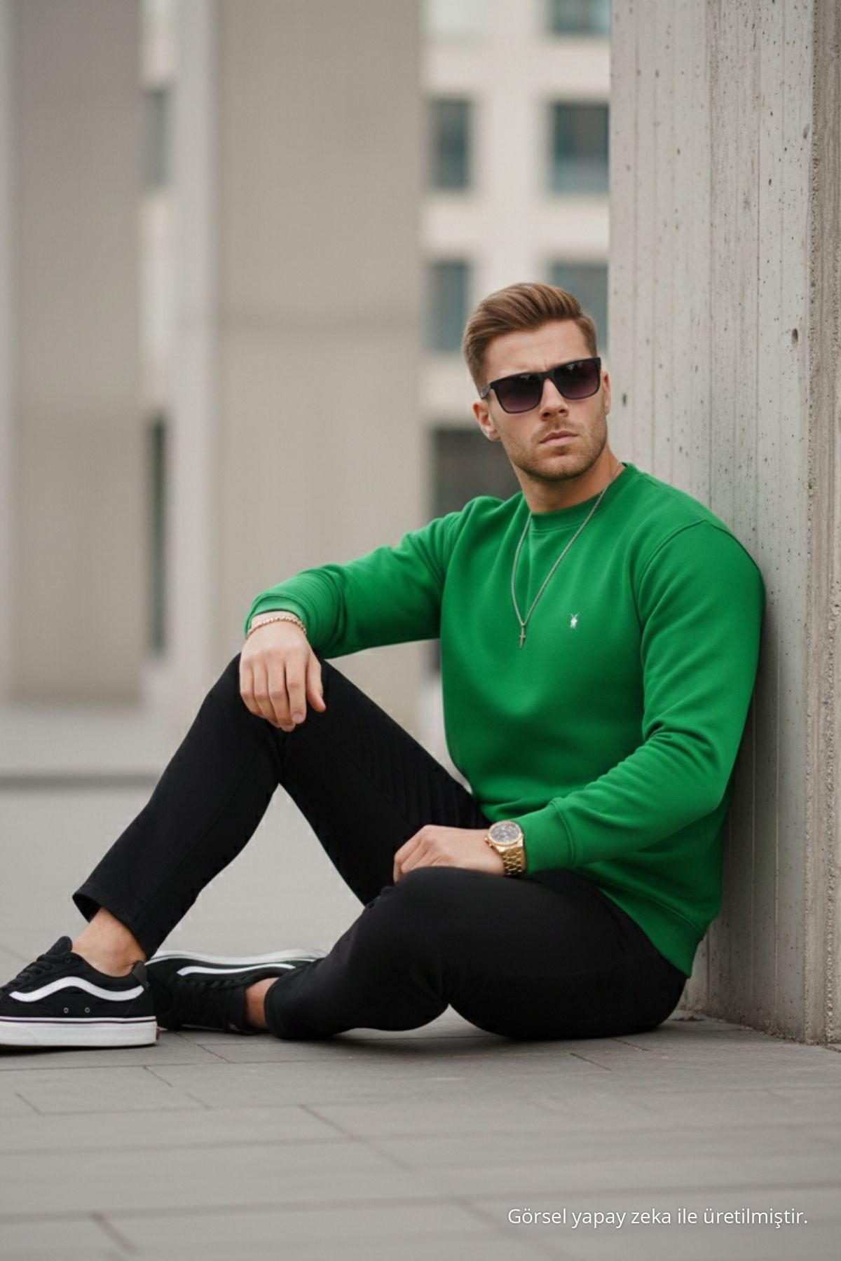 YEŞİL Renk Basic Bisiklet Yaka Relaxed Regular Erkek Sweatshirt 6