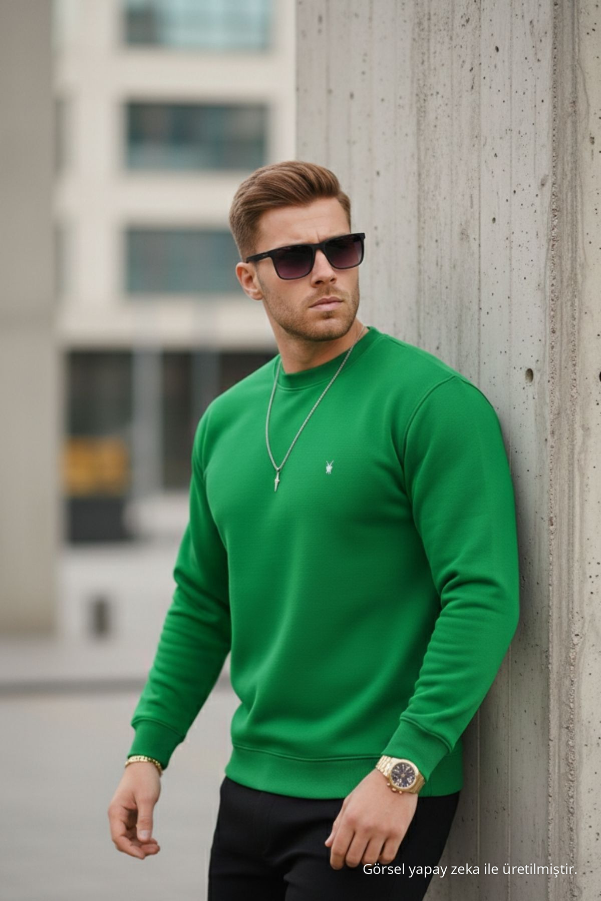 YEŞİL Renk Basic Bisiklet Yaka Relaxed Regular Erkek Sweatshirt 5
