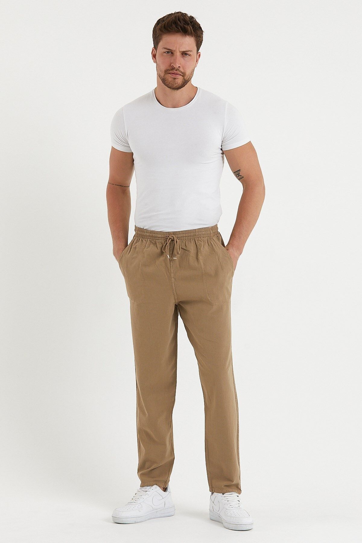 Erkek Taş Rengi Regular Keten Pantolon 5