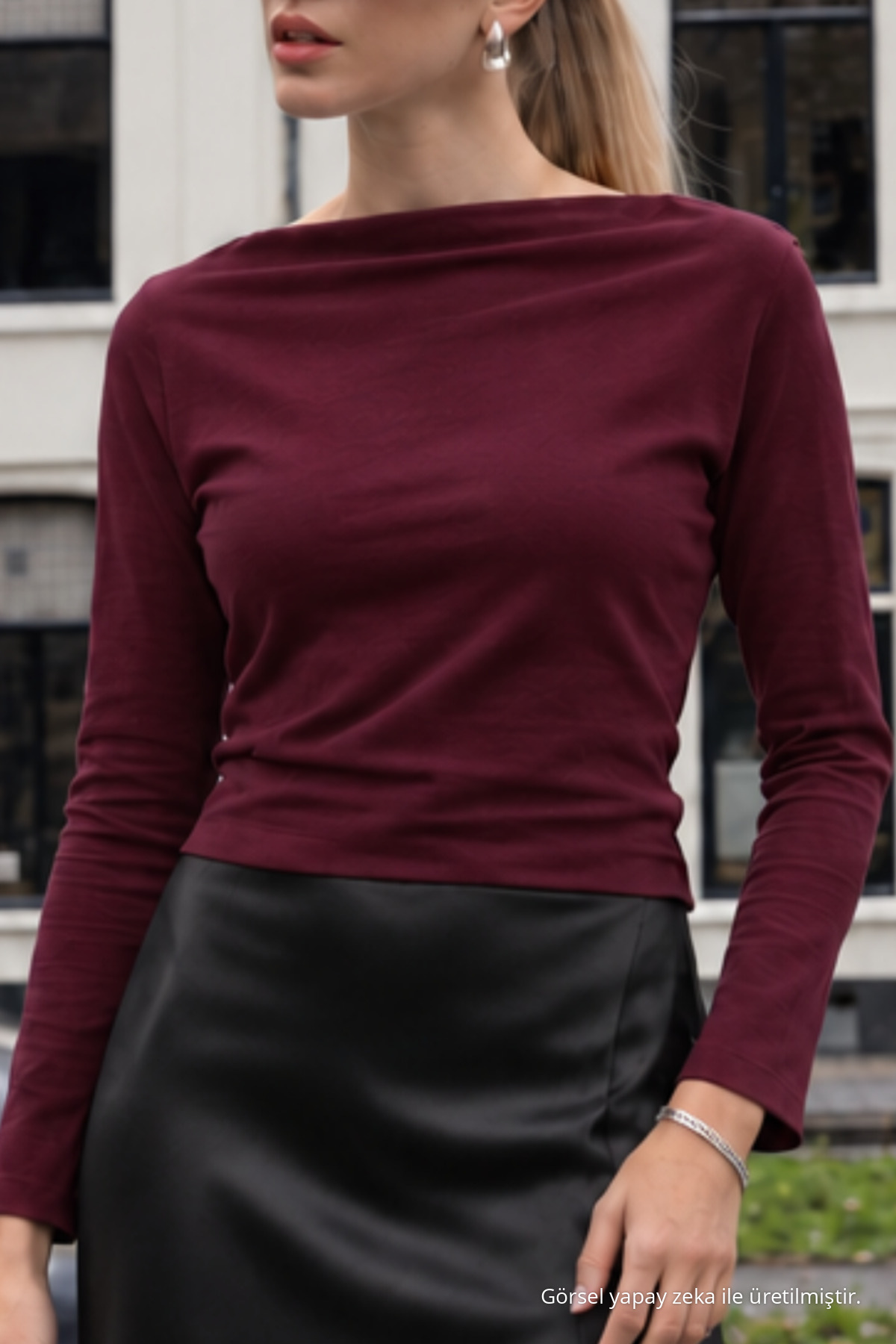 Kadın Casual Degaje Kayık Yaka Bordo Bluz 5