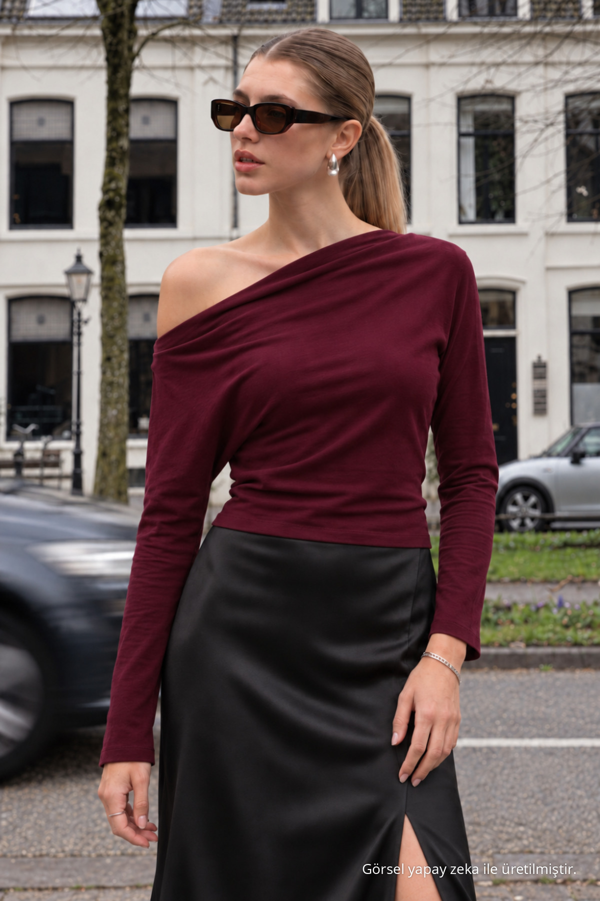 Kadın Casual Degaje Kayık Yaka Bordo Bluz 4