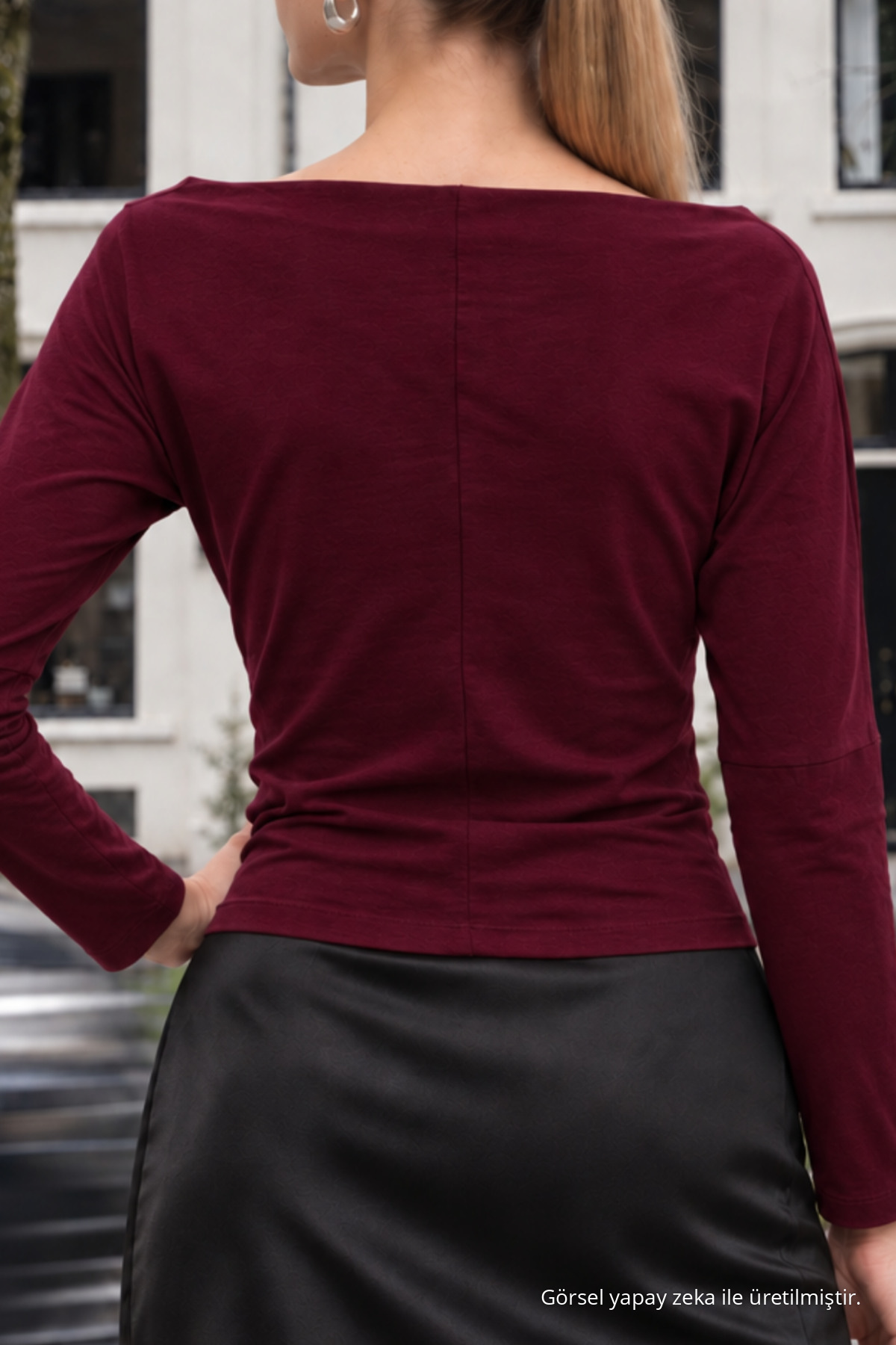 Kadın Casual Degaje Kayık Yaka Bordo Bluz 6