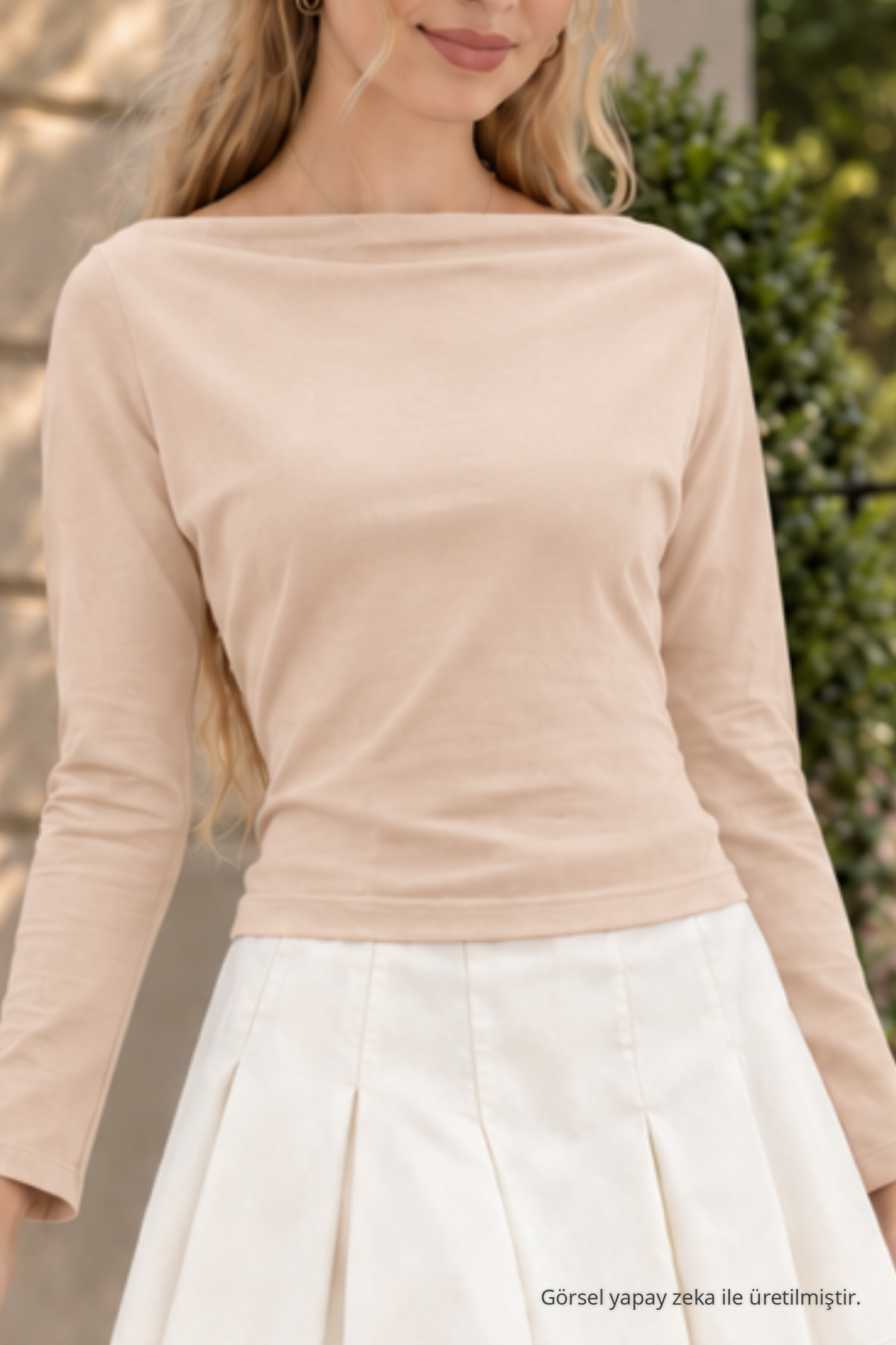 Kadın Bej Slim Fit Bateau Yaka Bluz 5