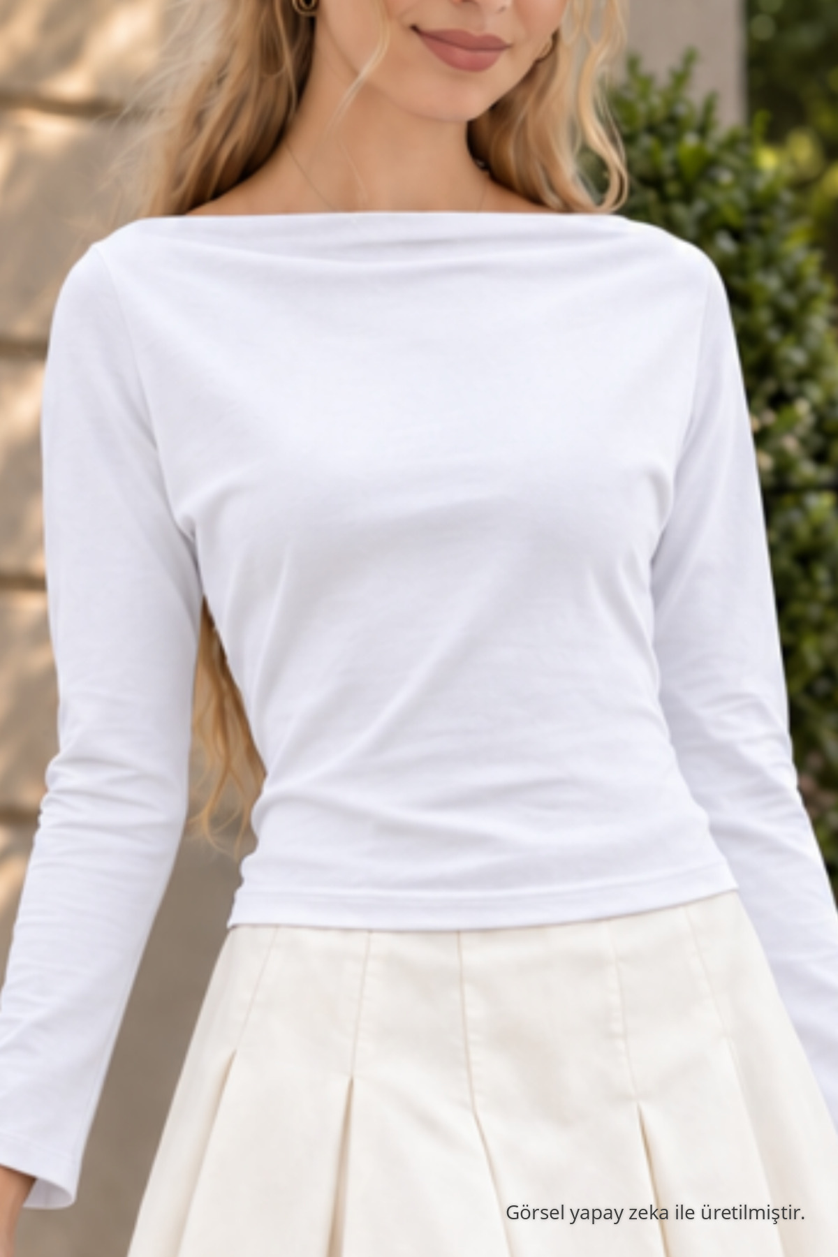 Kadın Beyaz Slim Fit Bateau Yaka Bluz 5