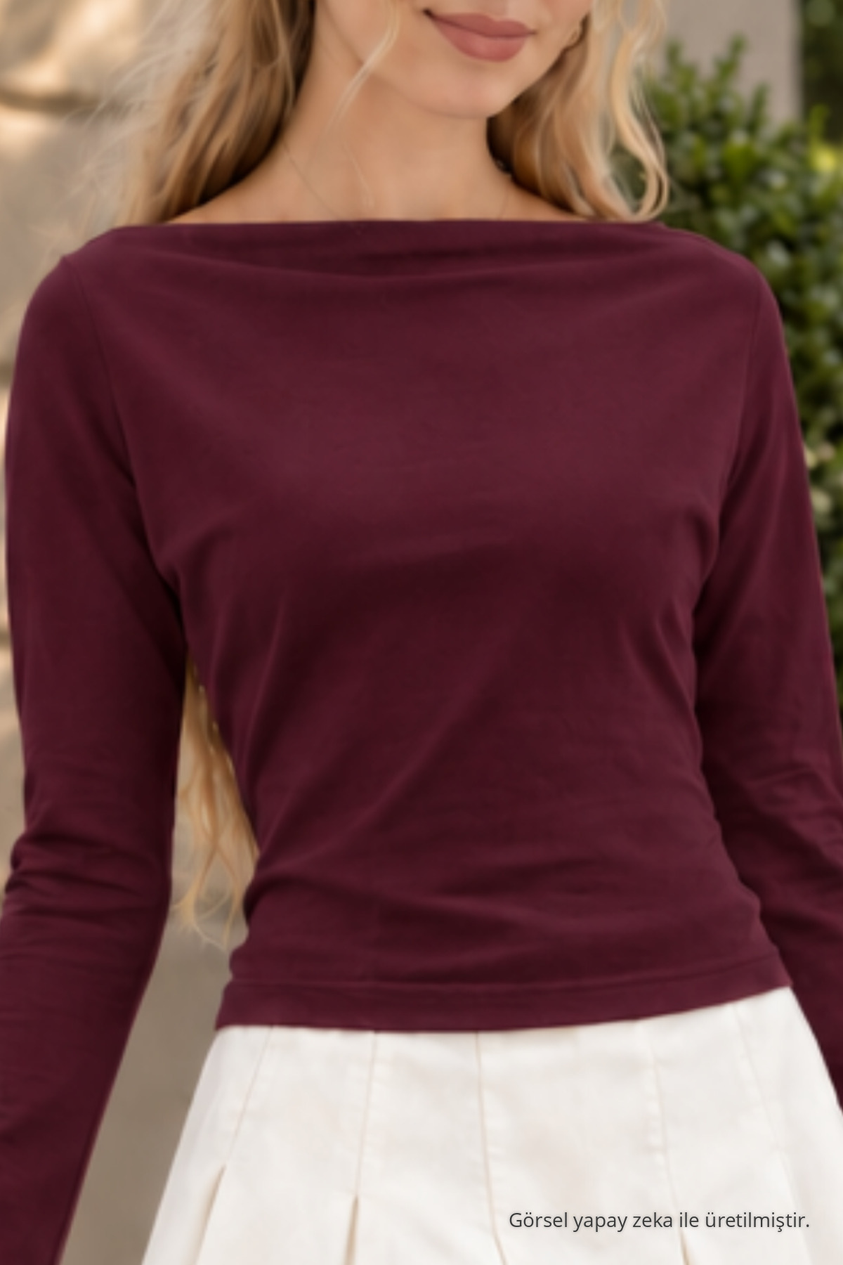 Kadın Bordo Slim Fit Bateau Yaka Bluz 5
