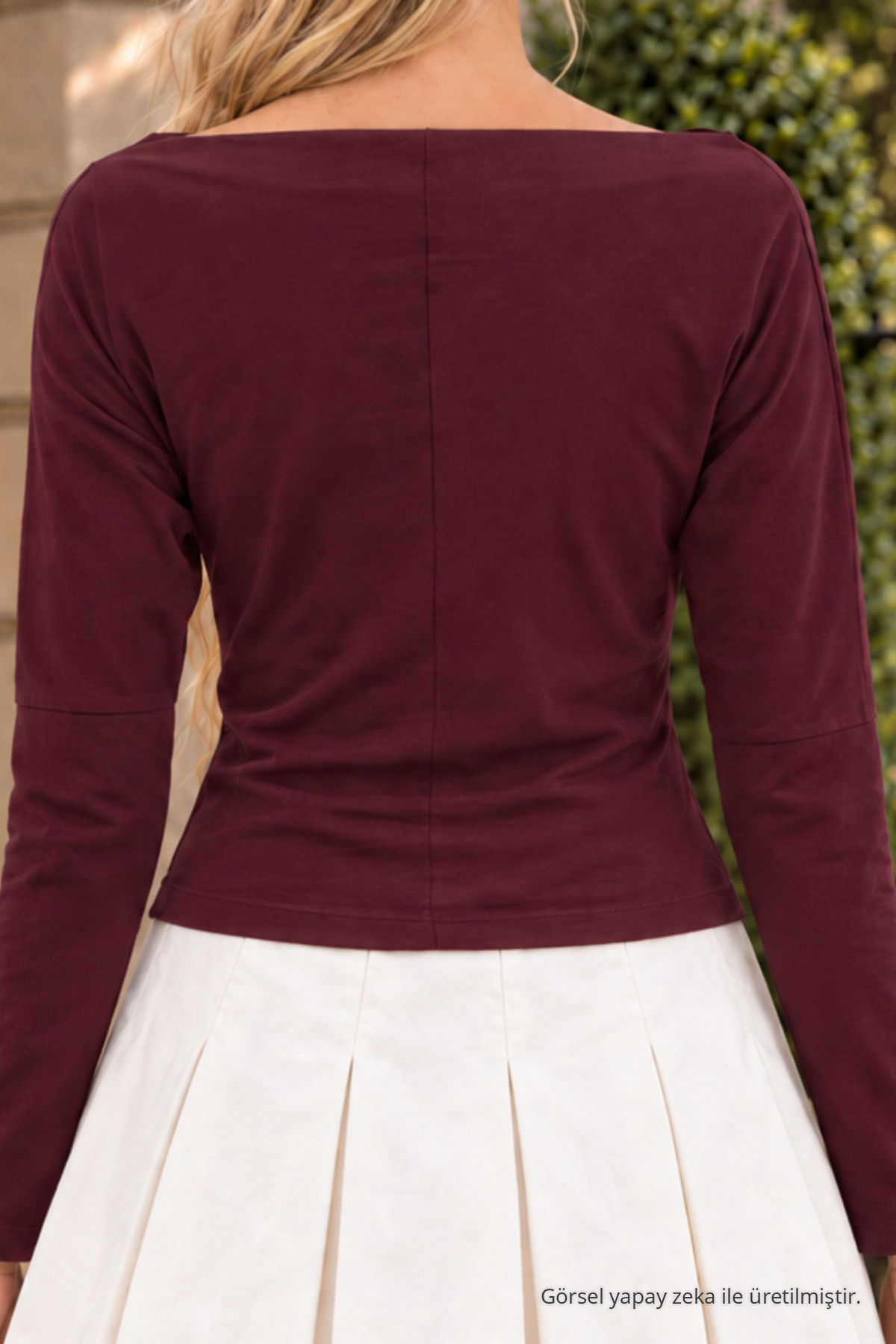 Kadın Bordo Slim Fit Bateau Yaka Bluz 6
