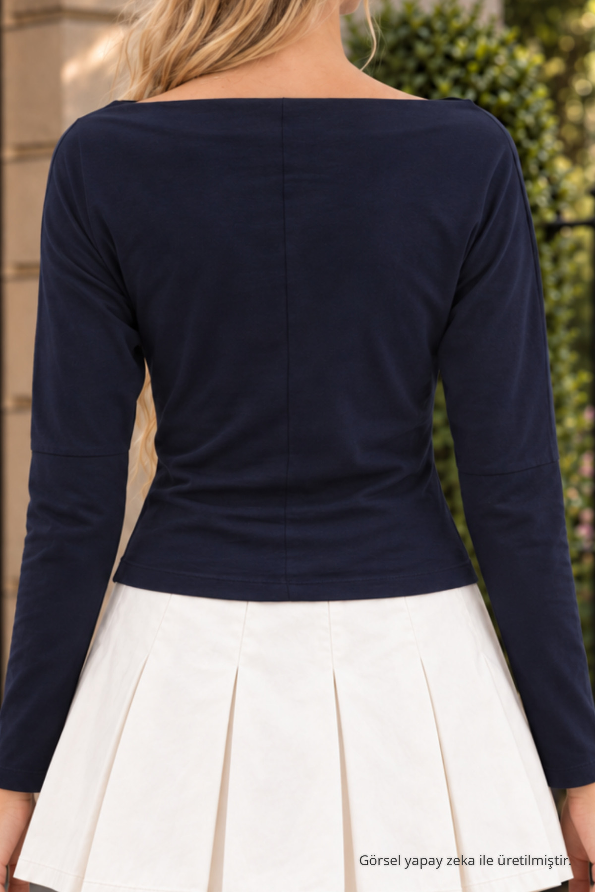 Kadın Lacivert Slim Fit Bateau Yaka Bluz 6