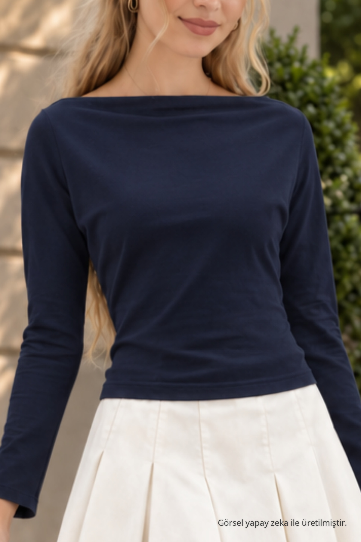 Kadın Lacivert Slim Fit Bateau Yaka Bluz 5