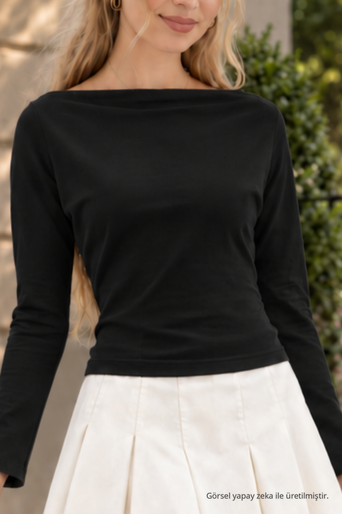 Kadın Siyah Slim Fit Bateau Yaka Bluz 5