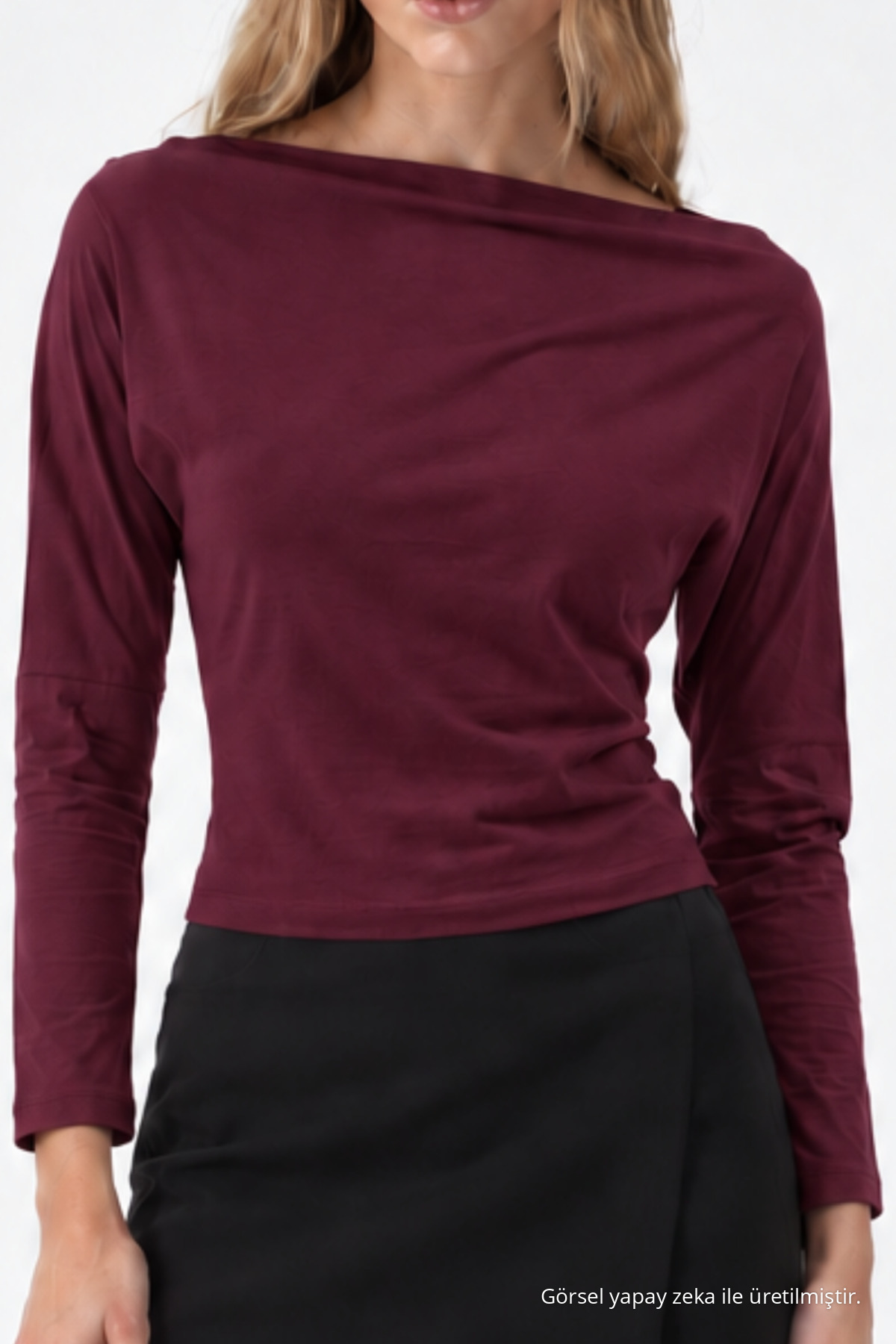 Kadın Bordo Fitted Düz Kayık Yaka Bluz 5