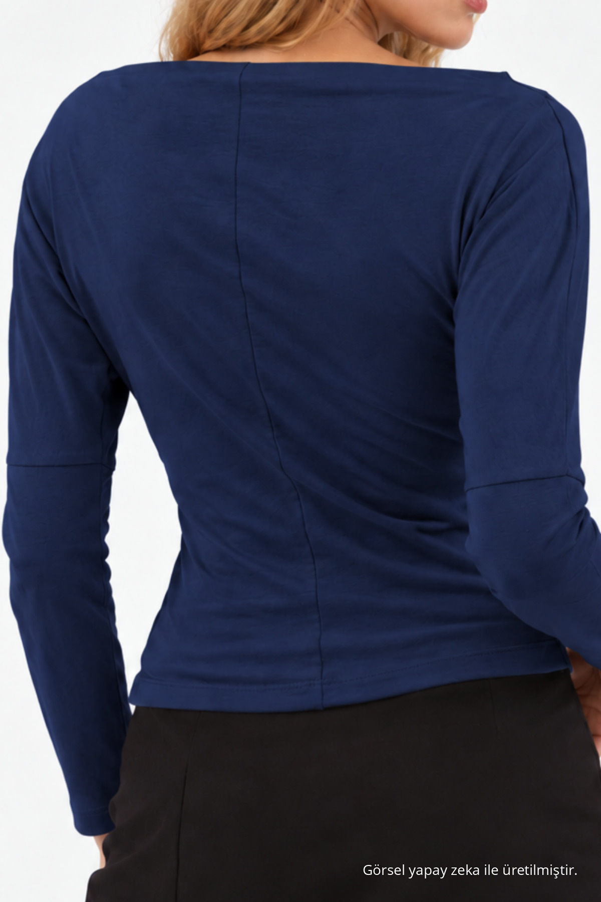 Kadın Lacivert Fitted Düz Kayık Yaka Bluz 6
