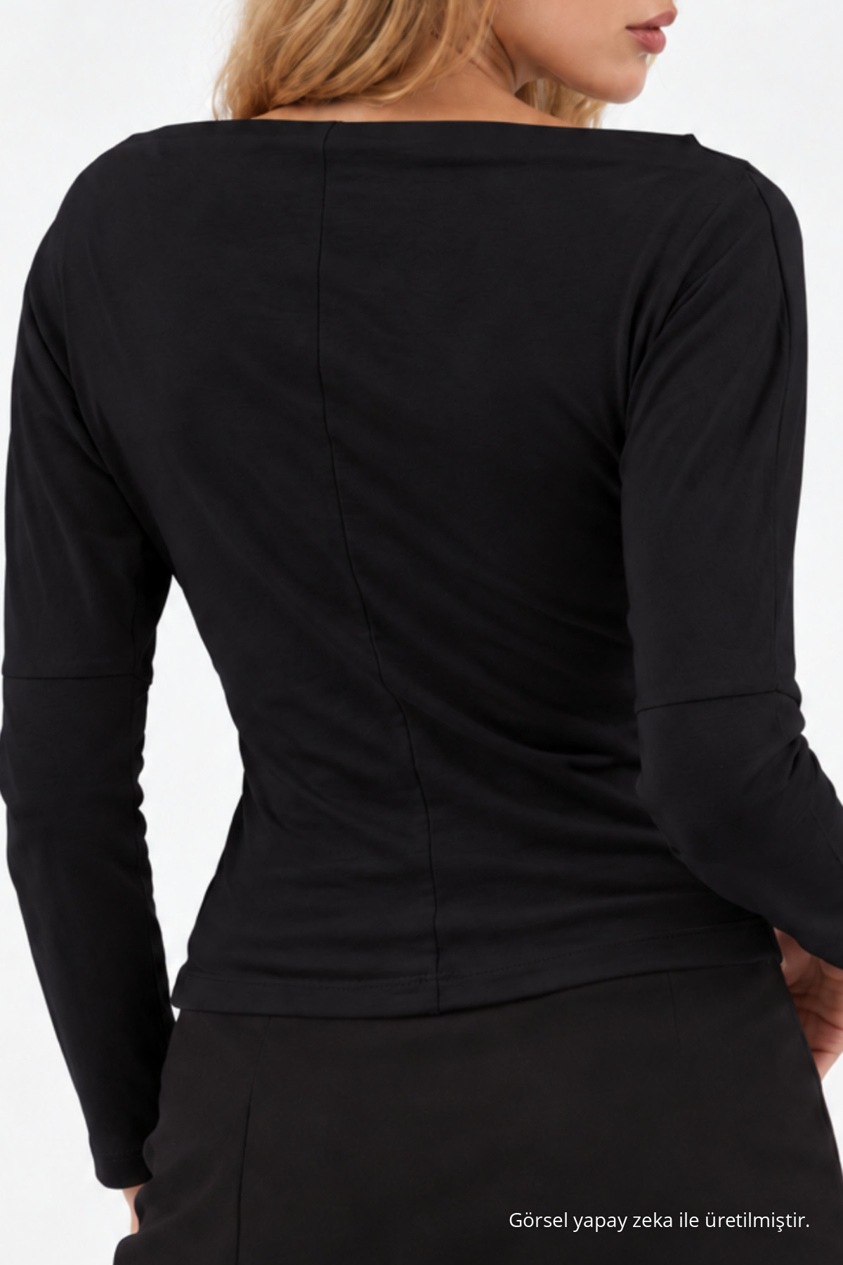 Kadın Siyah Fitted Düz Kayık Yaka Bluz 6