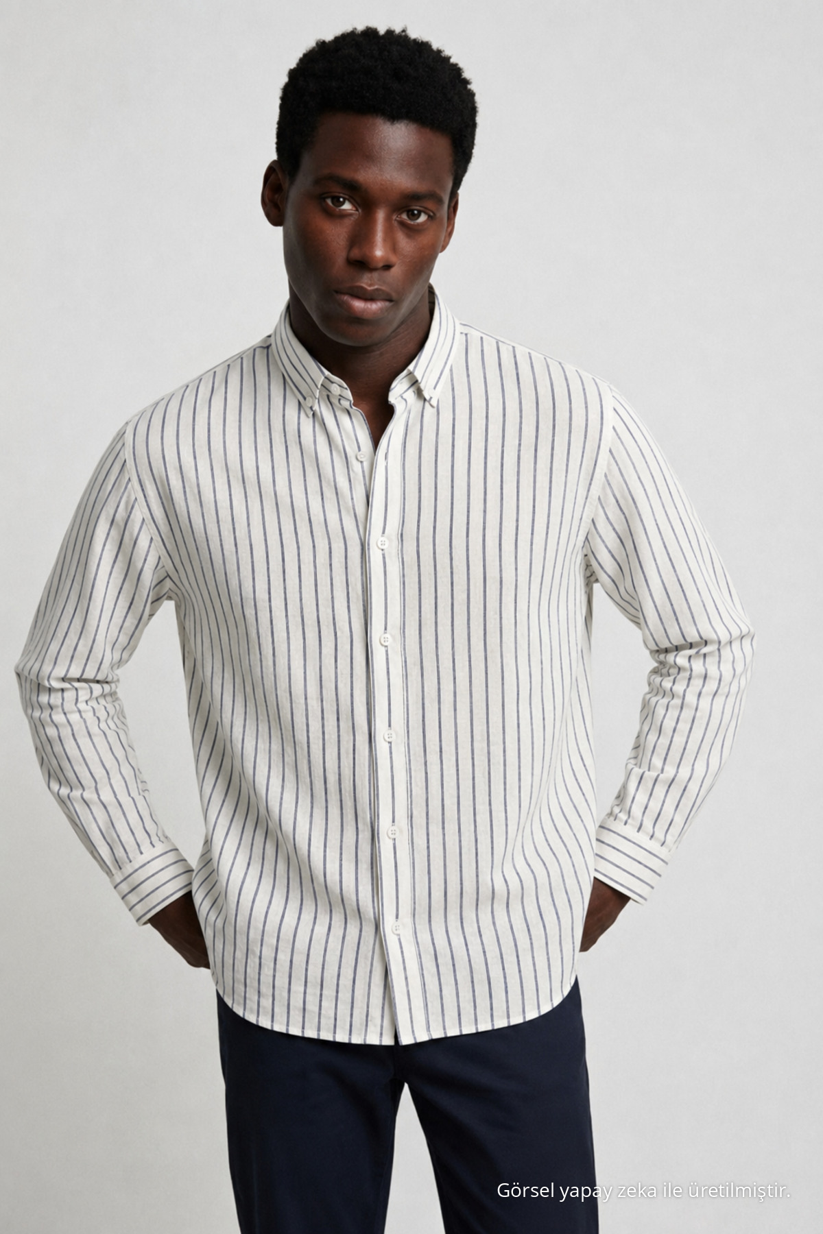 Erkek Çizgili Regular Fit L.Beyaz Keten Gömlek Beyaz-Lacivert 6