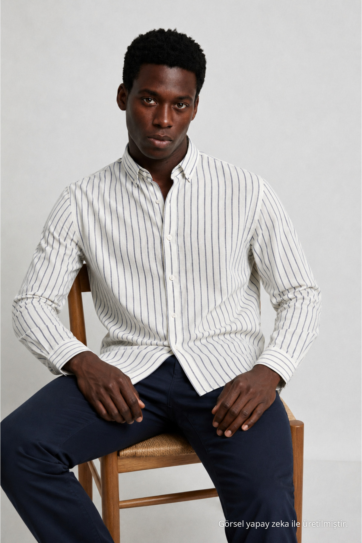 Erkek Çizgili Regular Fit L.Beyaz Keten Gömlek Beyaz-Lacivert 4