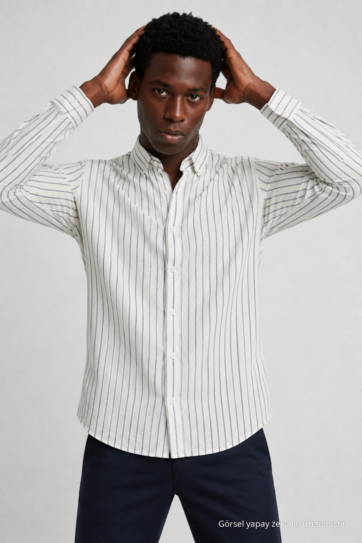 Erkek Çizgili Regular Fit L.Beyaz Keten Gömlek Beyaz-Lacivert 5