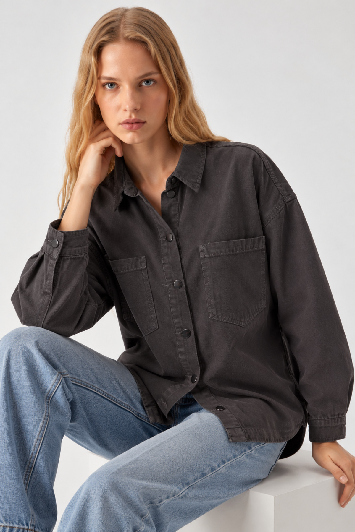 Kadın Cepli Oversize Füme Gömlek Ceket 3