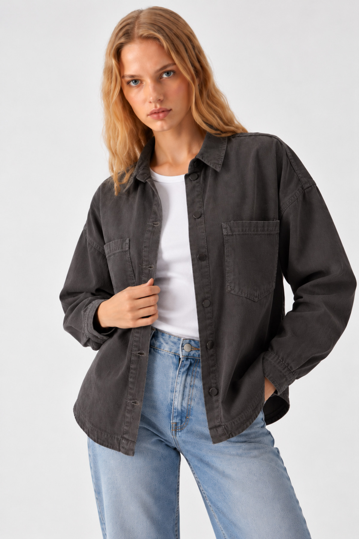 Kadın Cepli Oversize Füme Gömlek Ceket 4