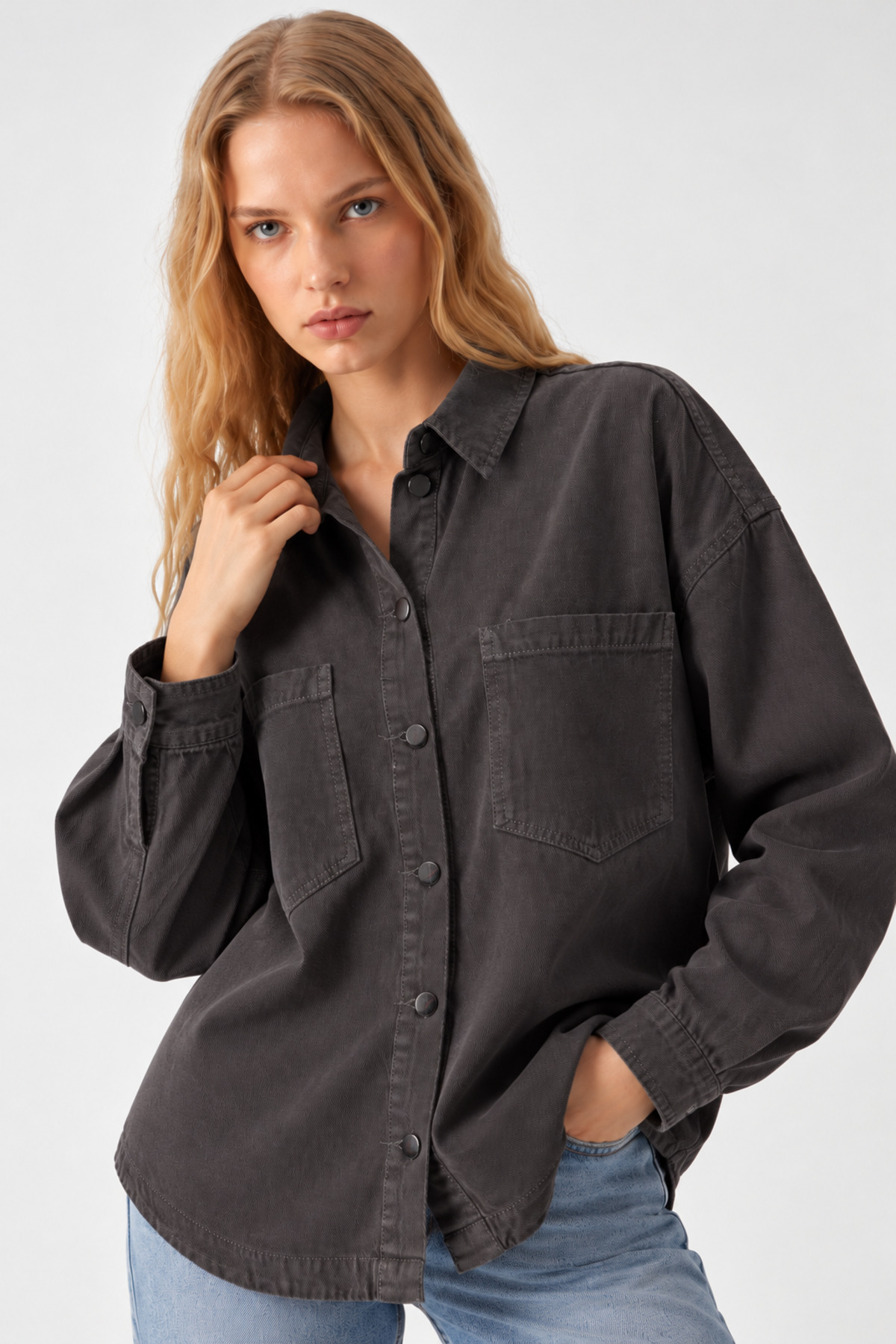 Kadın Cepli Oversize Füme Gömlek Ceket 5
