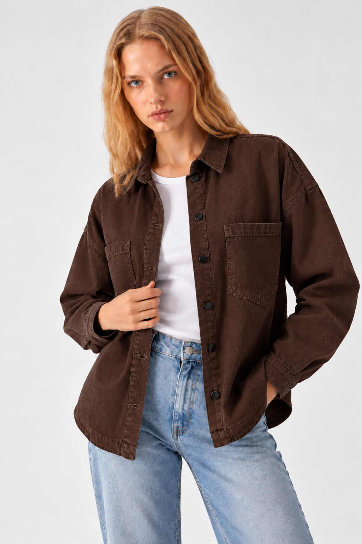 Kadın Cepli Oversize Kahve Gömlek Ceket 4