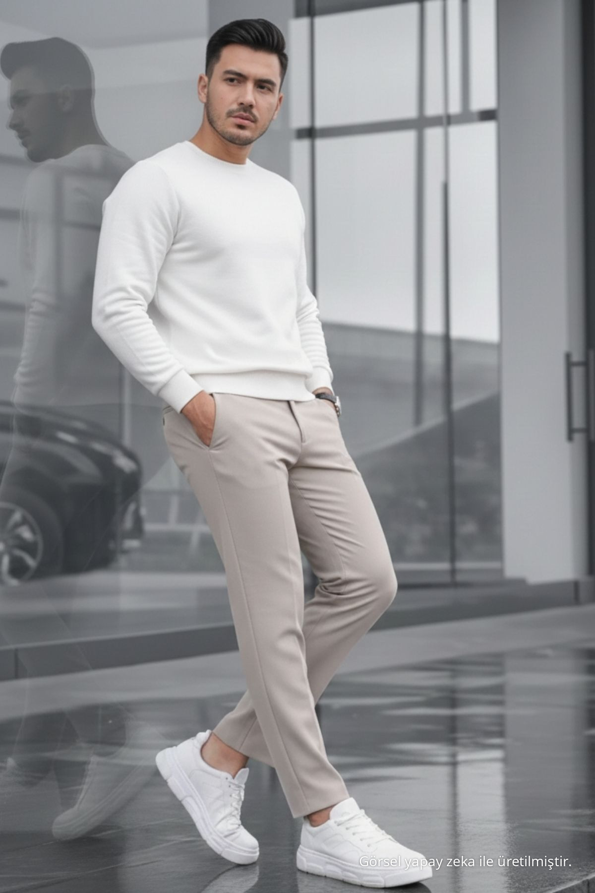 Erkek Straight Fit Pamuklu Krem Pantolon 4