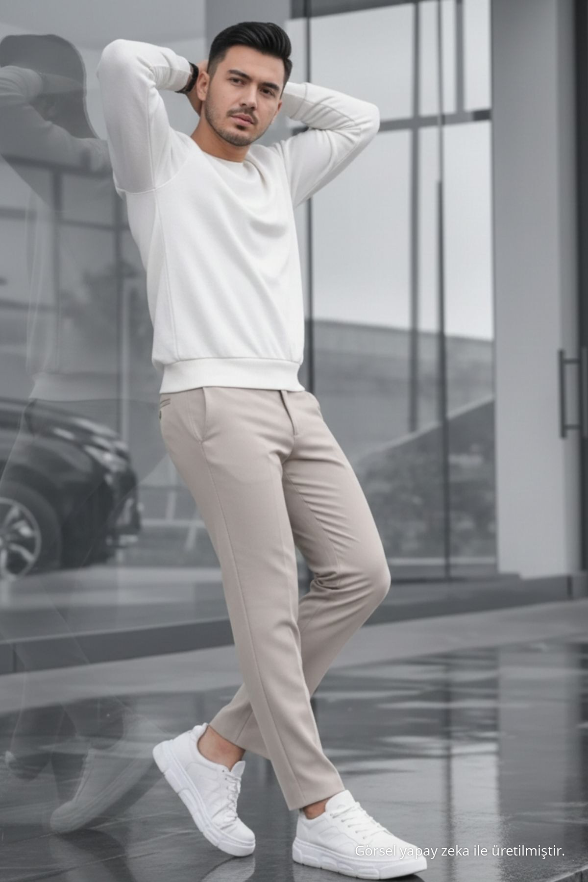 Erkek Straight Fit Pamuklu Krem Pantolon 3