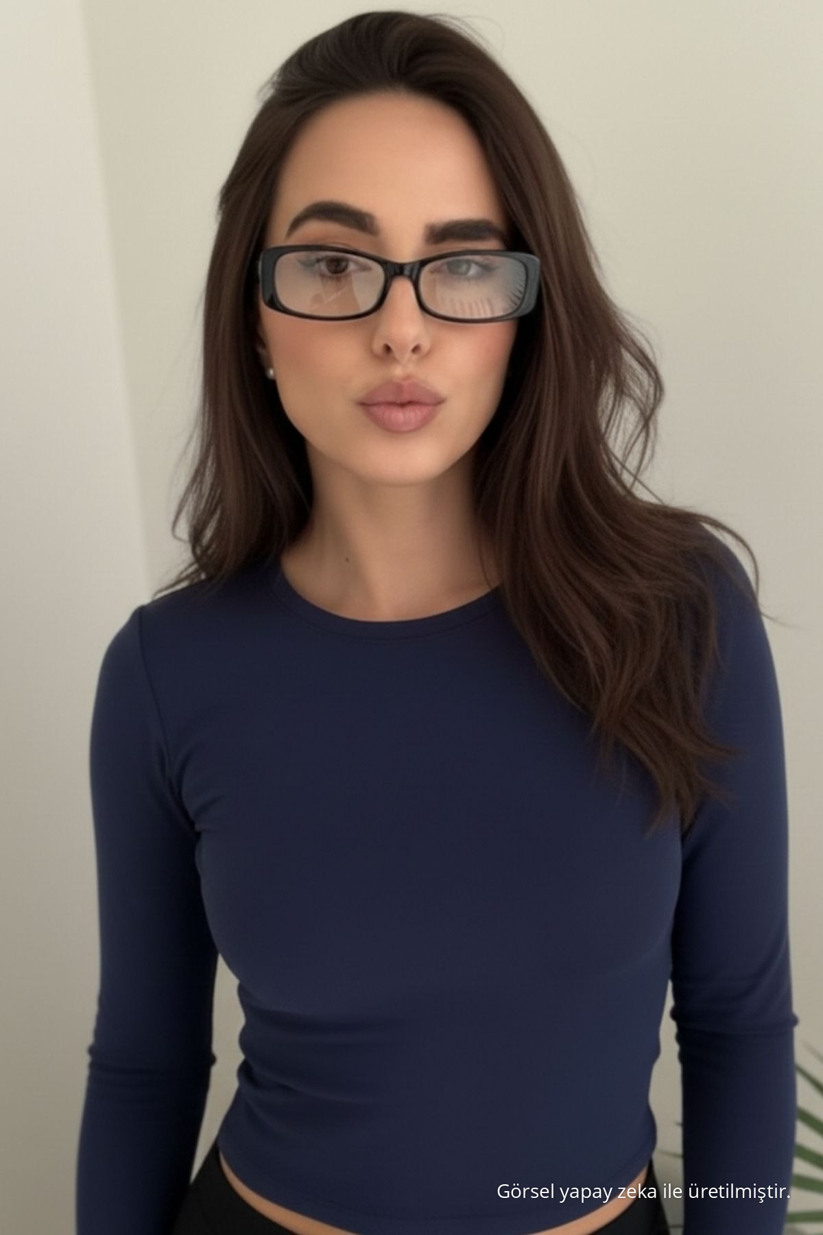 Kadın Basic Premium Dar Lacivert Crop Tişört 3