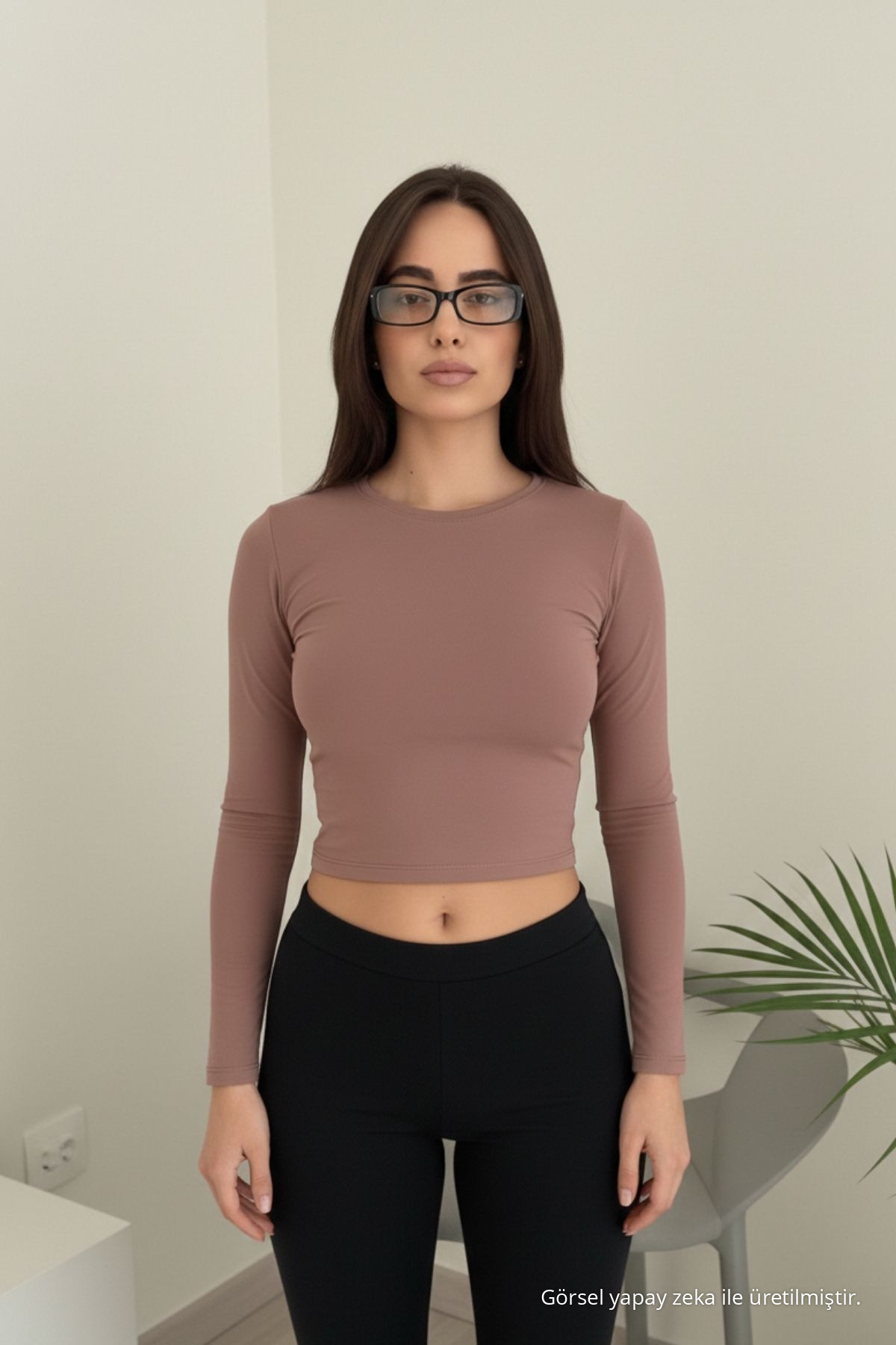 Kadın Basic Premium Dar Pudra Crop Tişört 4