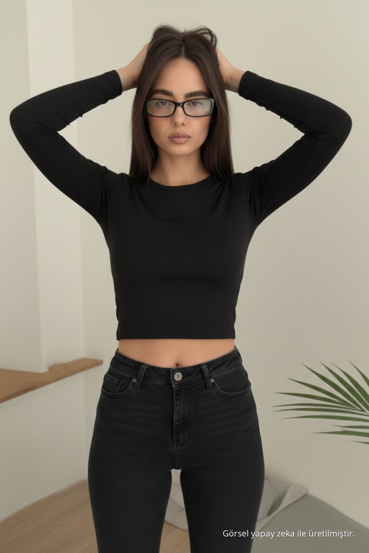 Kadın Basic Premium Dar Siyah Crop Tişört 5