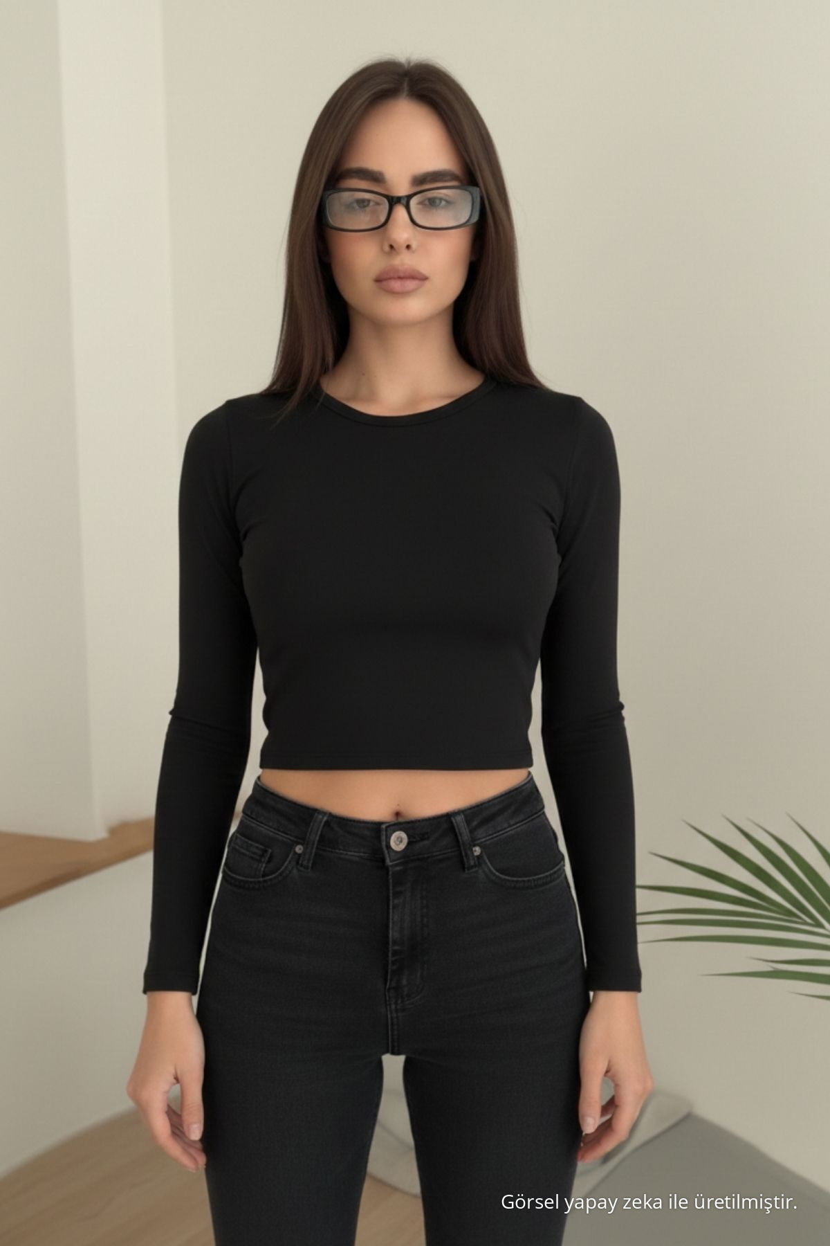 Kadın Basic Premium Dar Siyah Crop Tişört 4