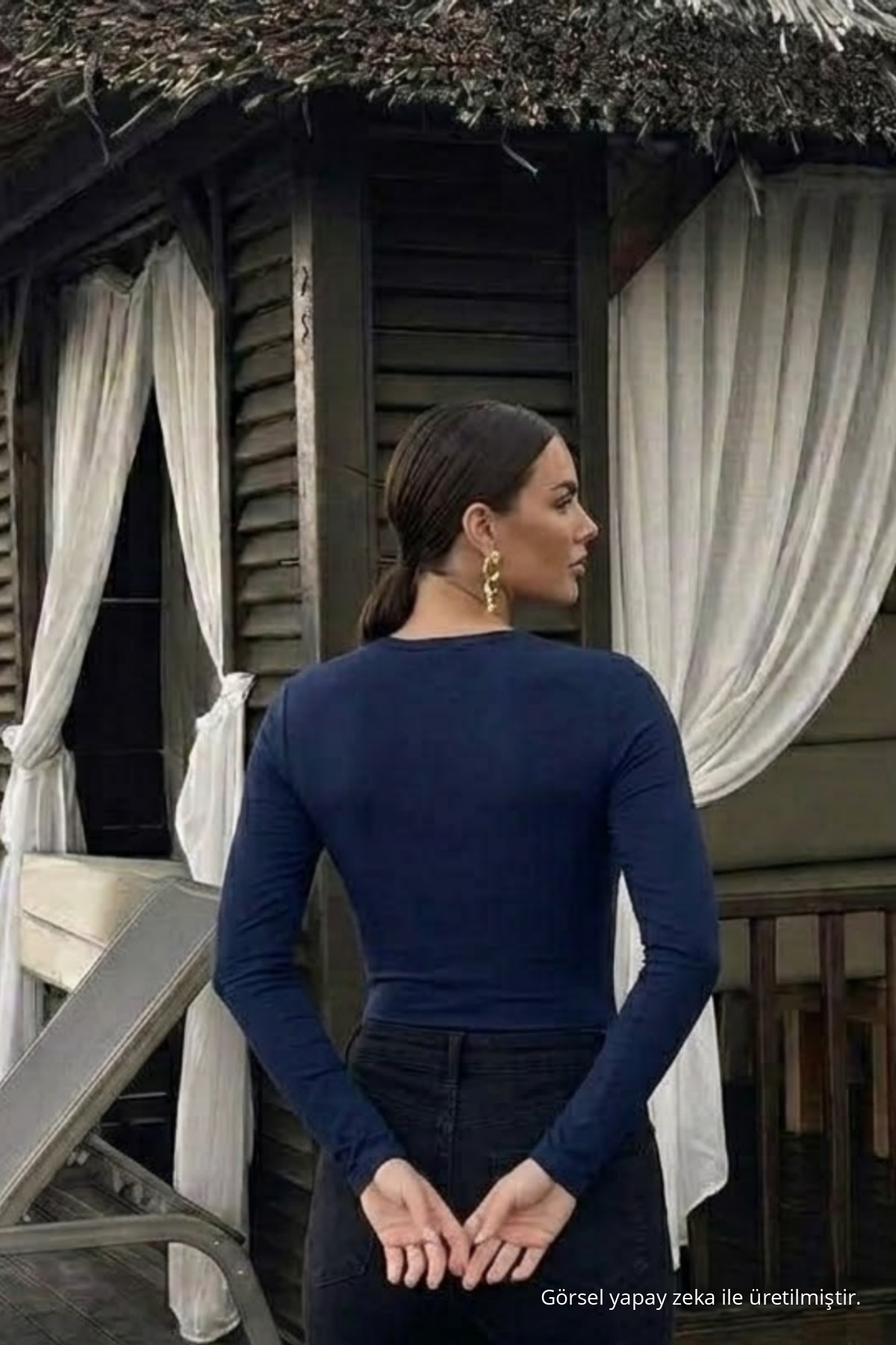 Kadın Basic Pamuklu Lacivert Şık Bluz 6