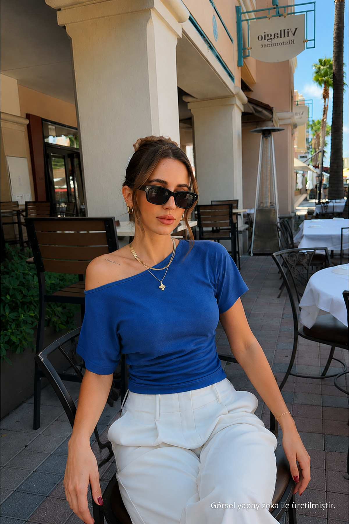 Kadın Omuz Detaylı Kayık Yaka Mavi Bluz 3