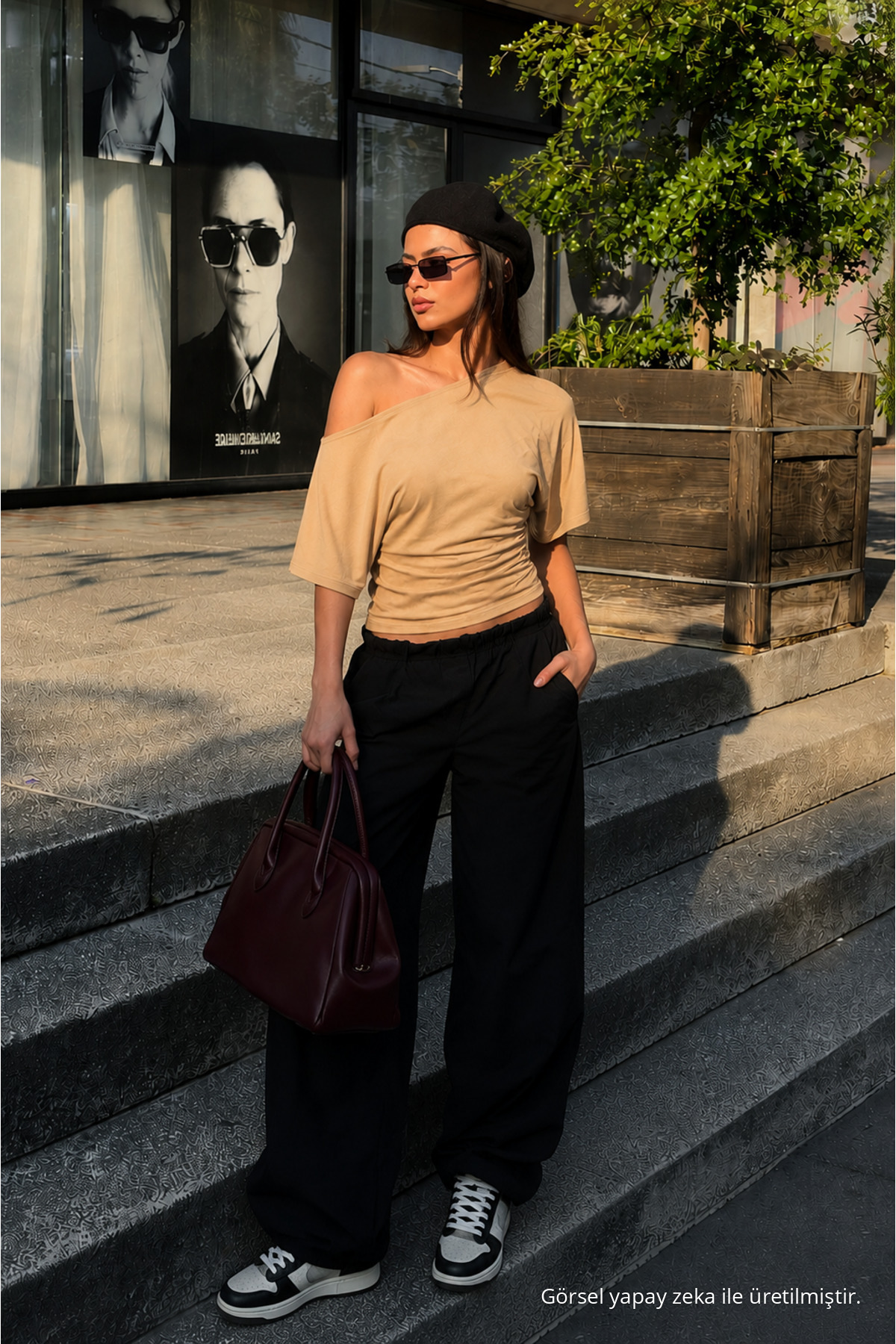Kadın Günlük Casual Dar Bej Crop Bluz 4