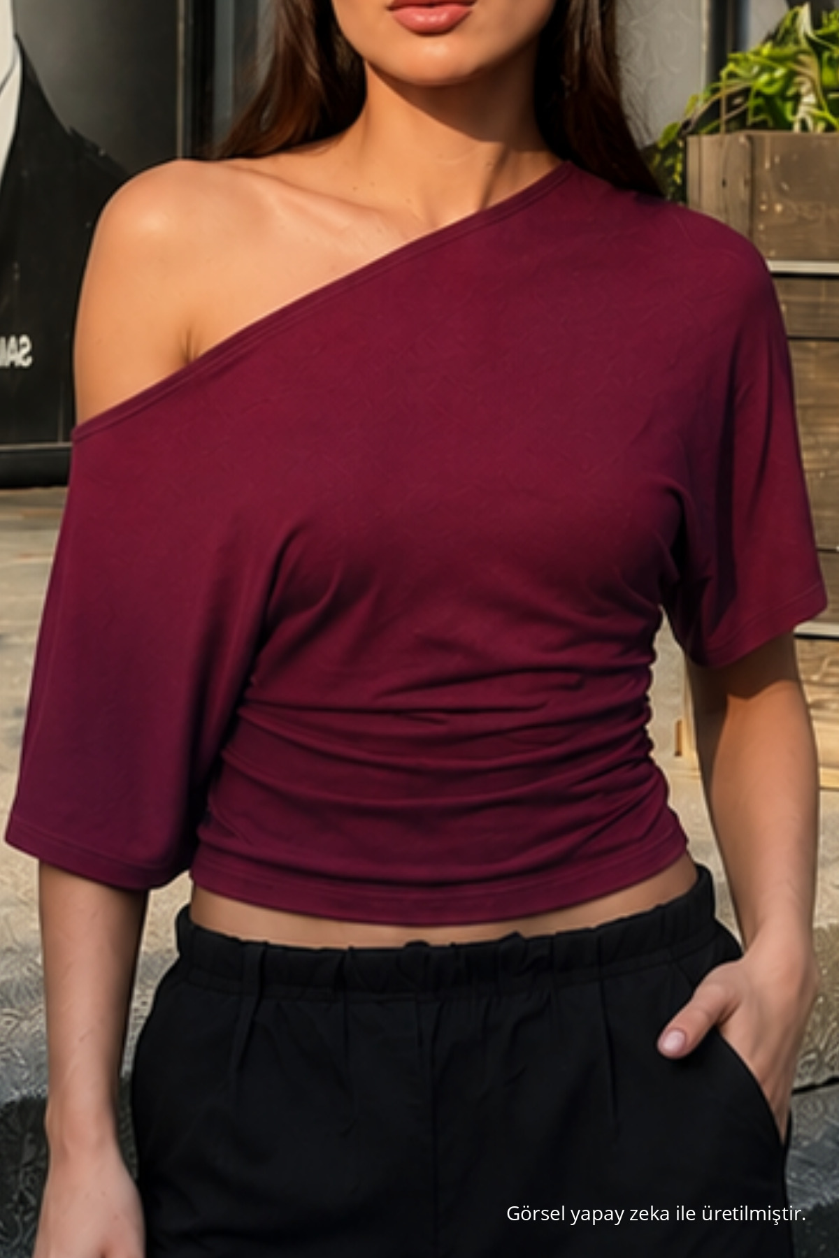 Kadın Günlük Casual Dar Bordo Crop Bluz 6