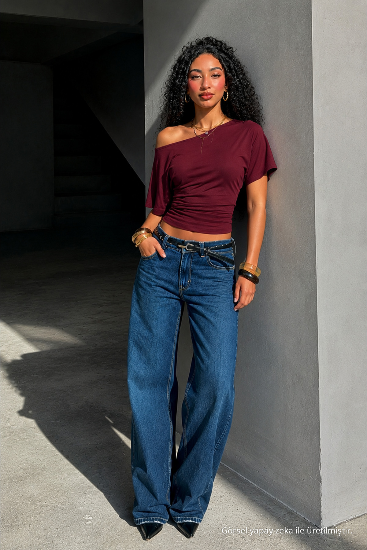 Kadın Omuz Dekolteli Bordo Crop Tişört 3