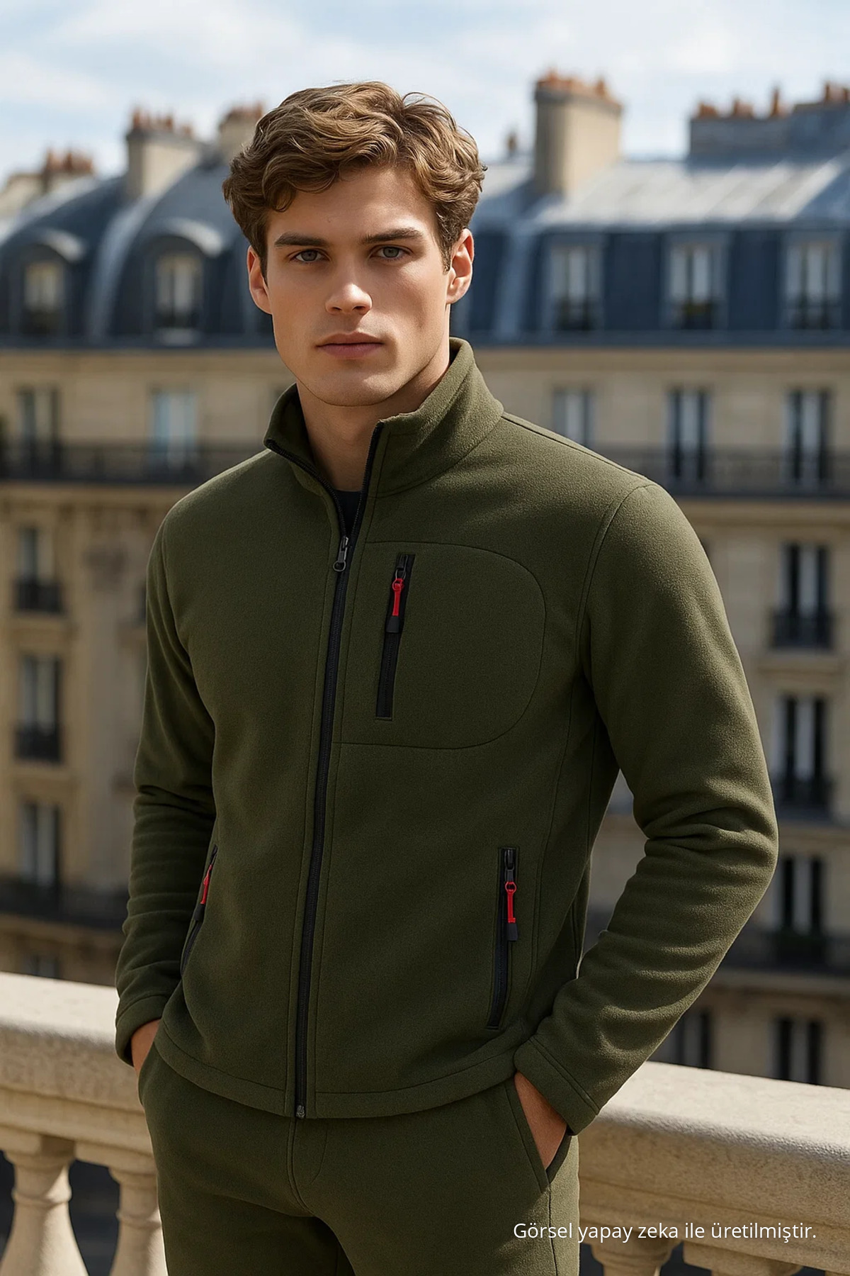 Erkek Kışlık Fermuarlı Rahat 3 Lü Sweatshirt YEŞİL 3