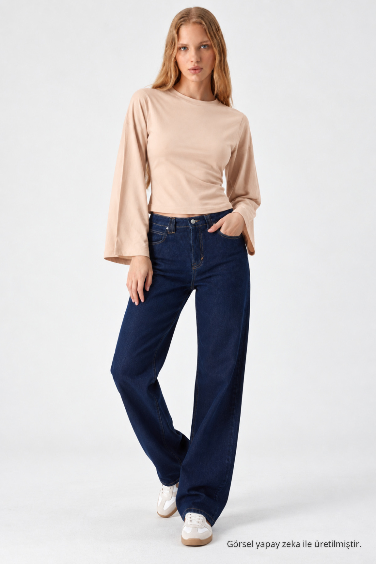 Kadın Uzun Yarasa Kollu 3 Lü Crop Bluz Ekru 3