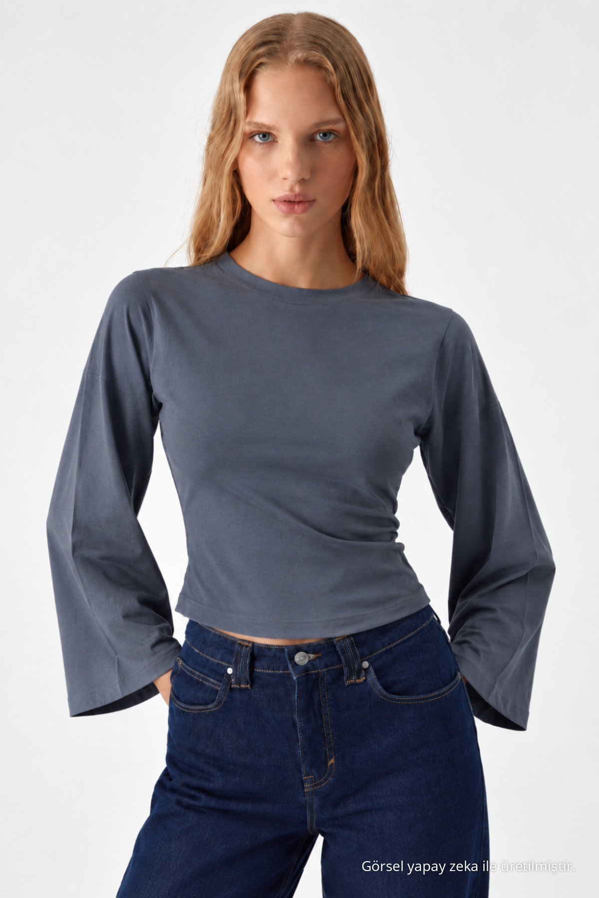 Kadın Uzun Yarasa Kollu 3 Lü Crop Bluz Ekru 4