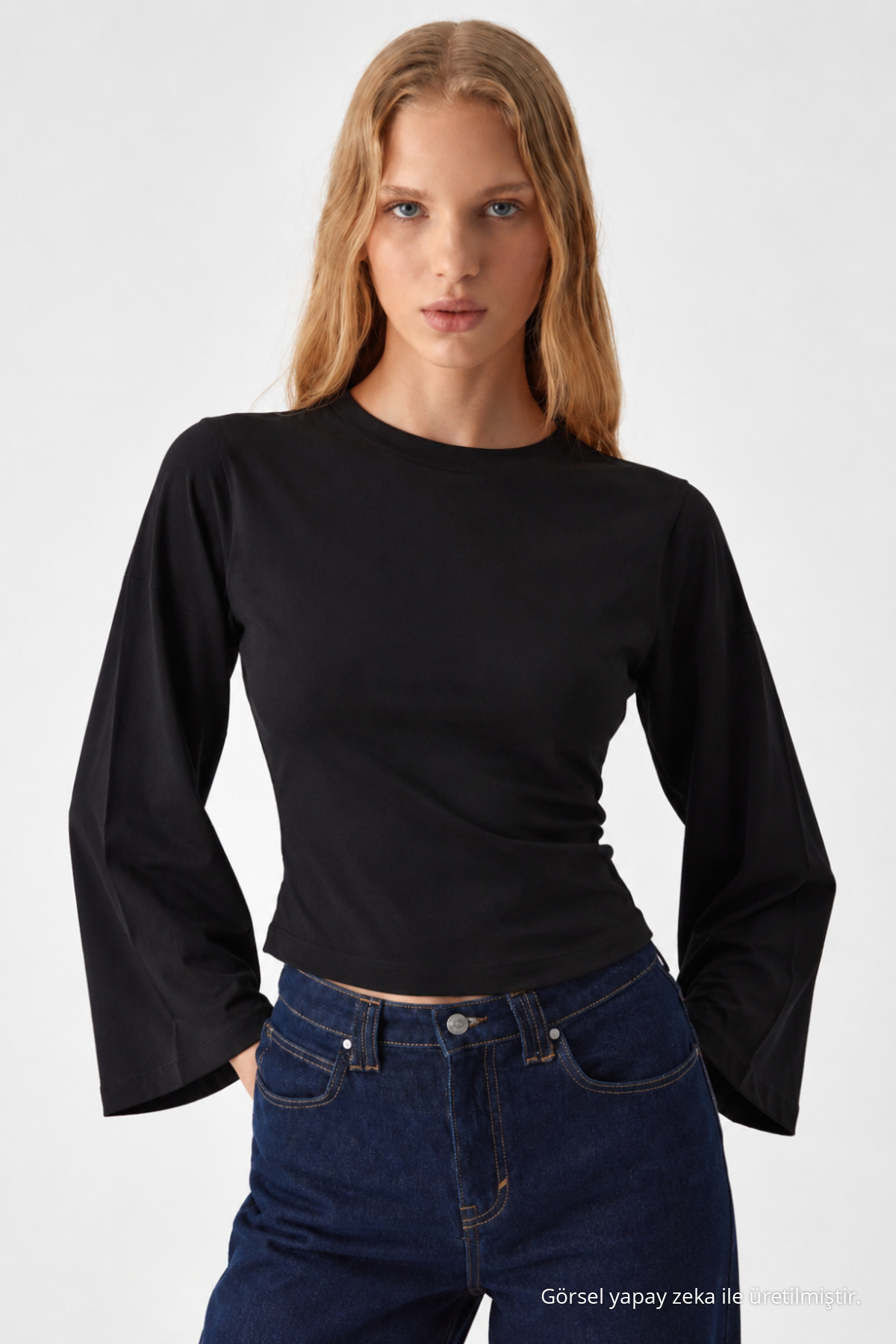 Kadın Uzun Yarasa Kollu 3 Lü Crop Bluz Füme 6