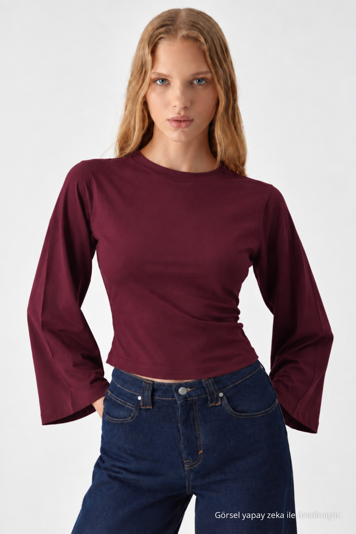 Kadın Uzun Yarasa Kollu 3 Lü Crop Bluz Gri 4