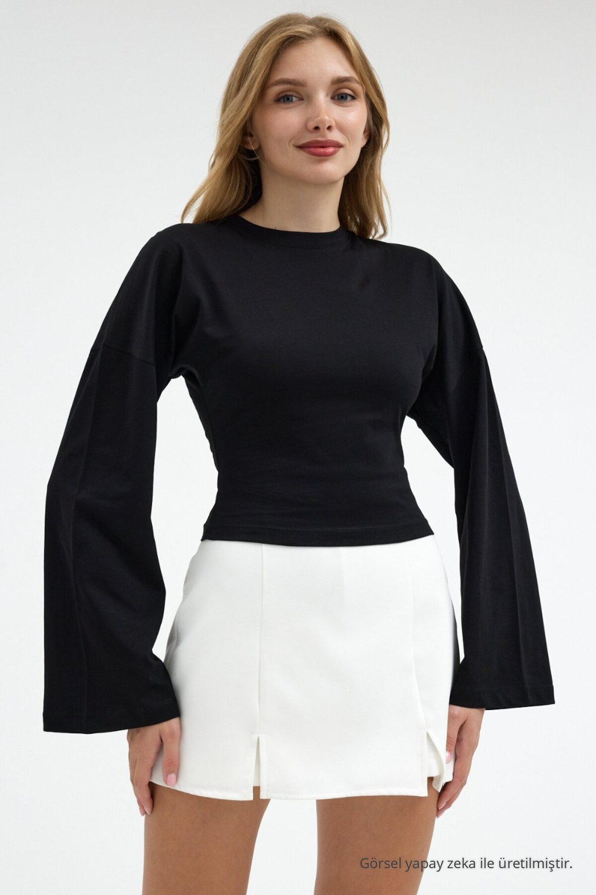 Kadın Bele Oturan Casual 3 Lü Crop Bluz Beyaz 6