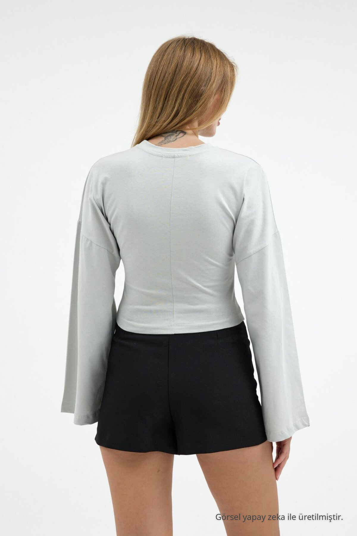 Kadın Bele Oturan Casual 3 Lü Crop Bluz Füme 7